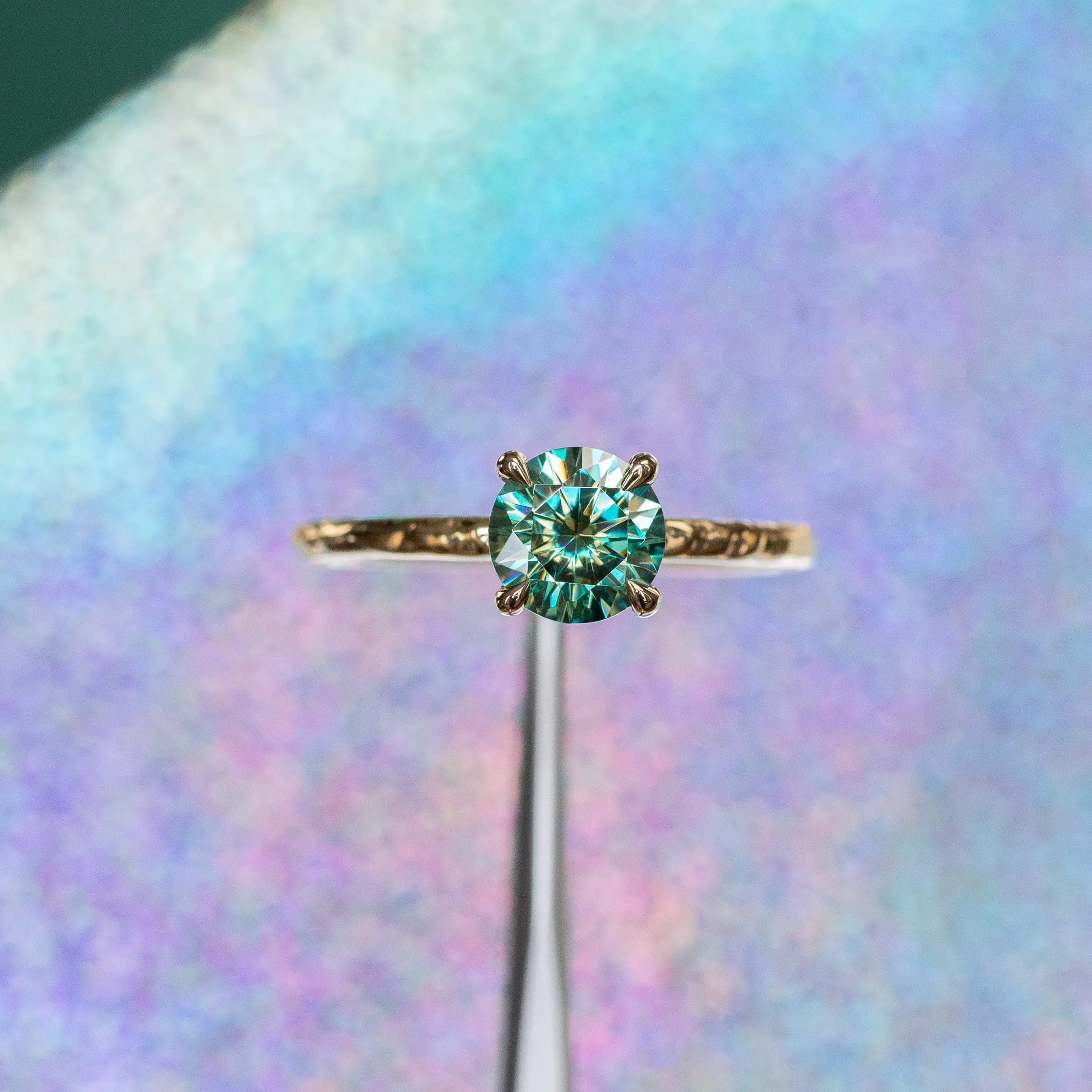 0.99ct Teal Moissanite Evergreen Solitaire Ring in 14k Yellow Gold