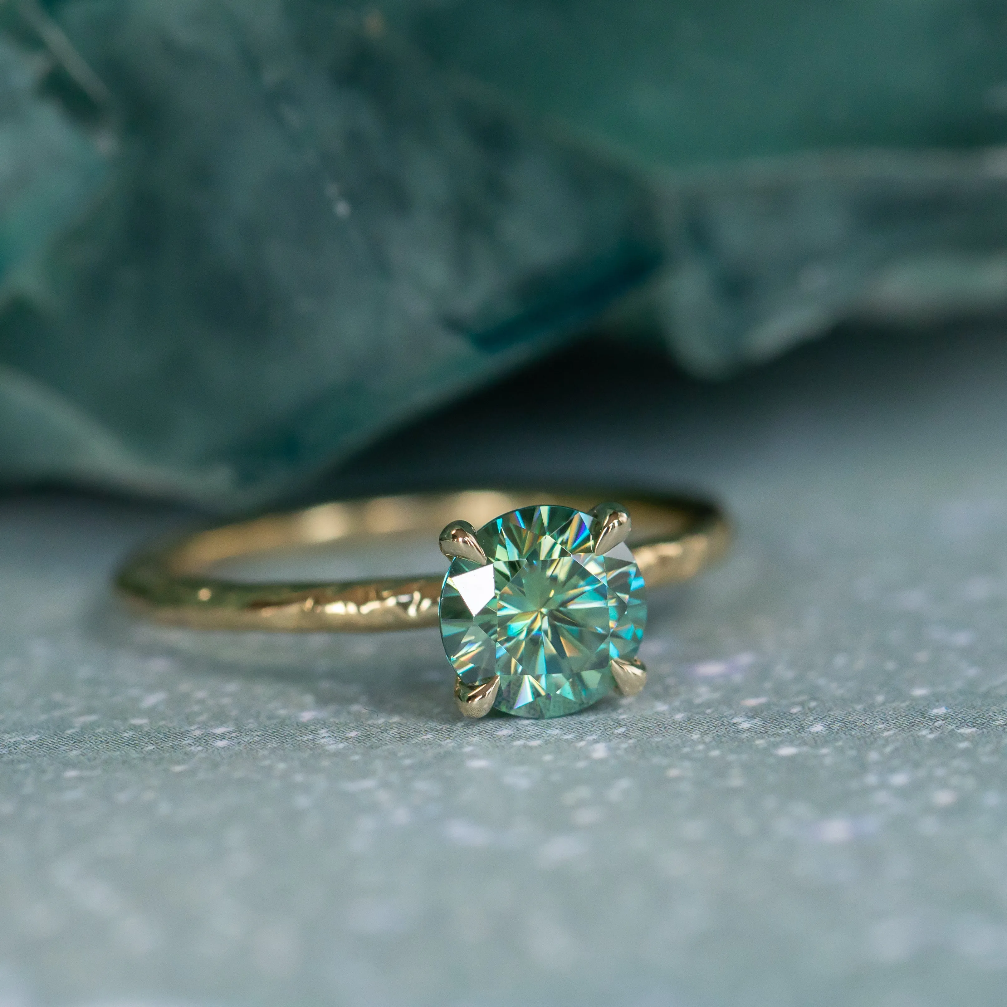 0.99ct Teal Moissanite Evergreen Solitaire Ring in 14k Yellow Gold