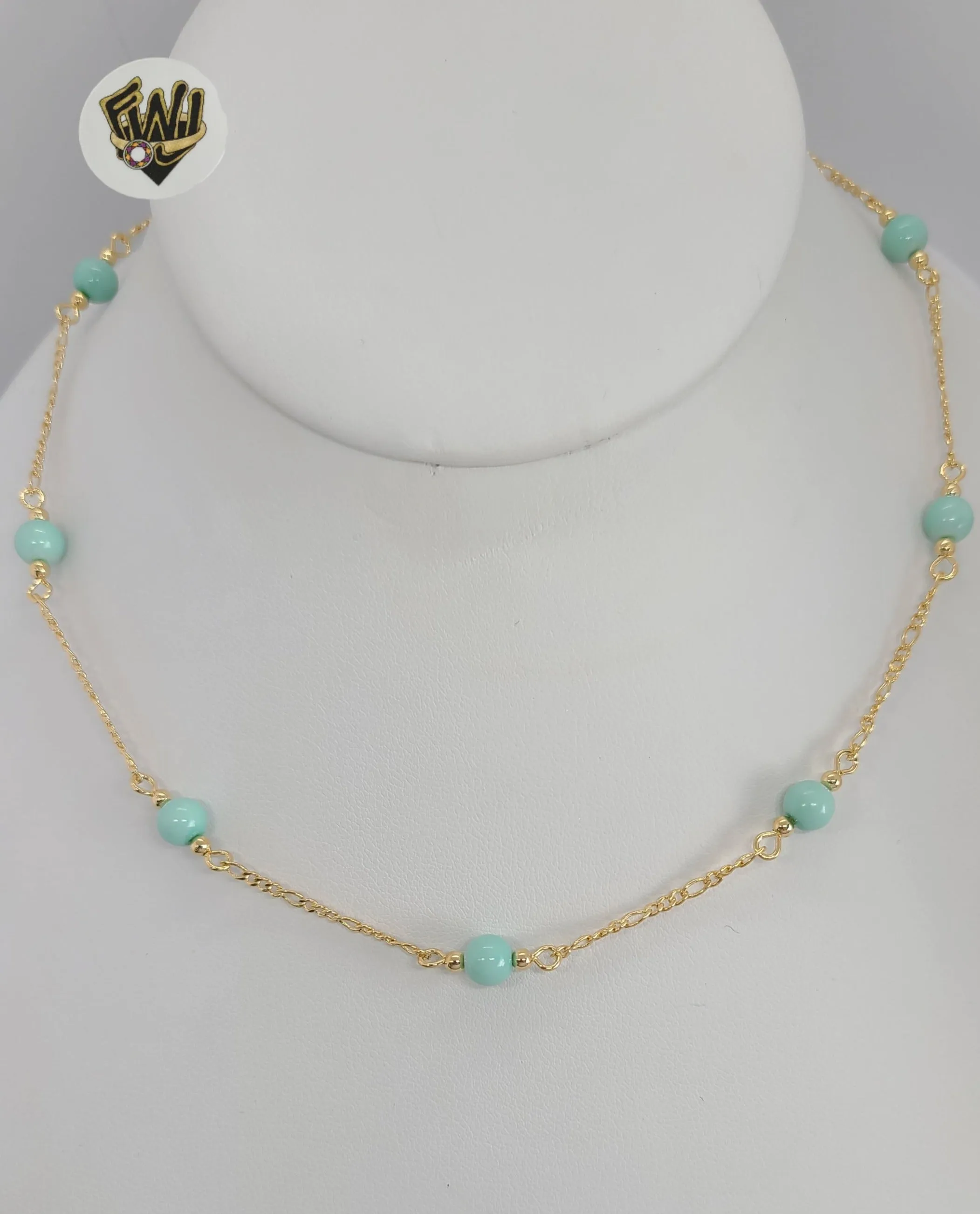 (1-3902-K) Gold Laminate - 6mm Turquoise Beads Necklace - BGF