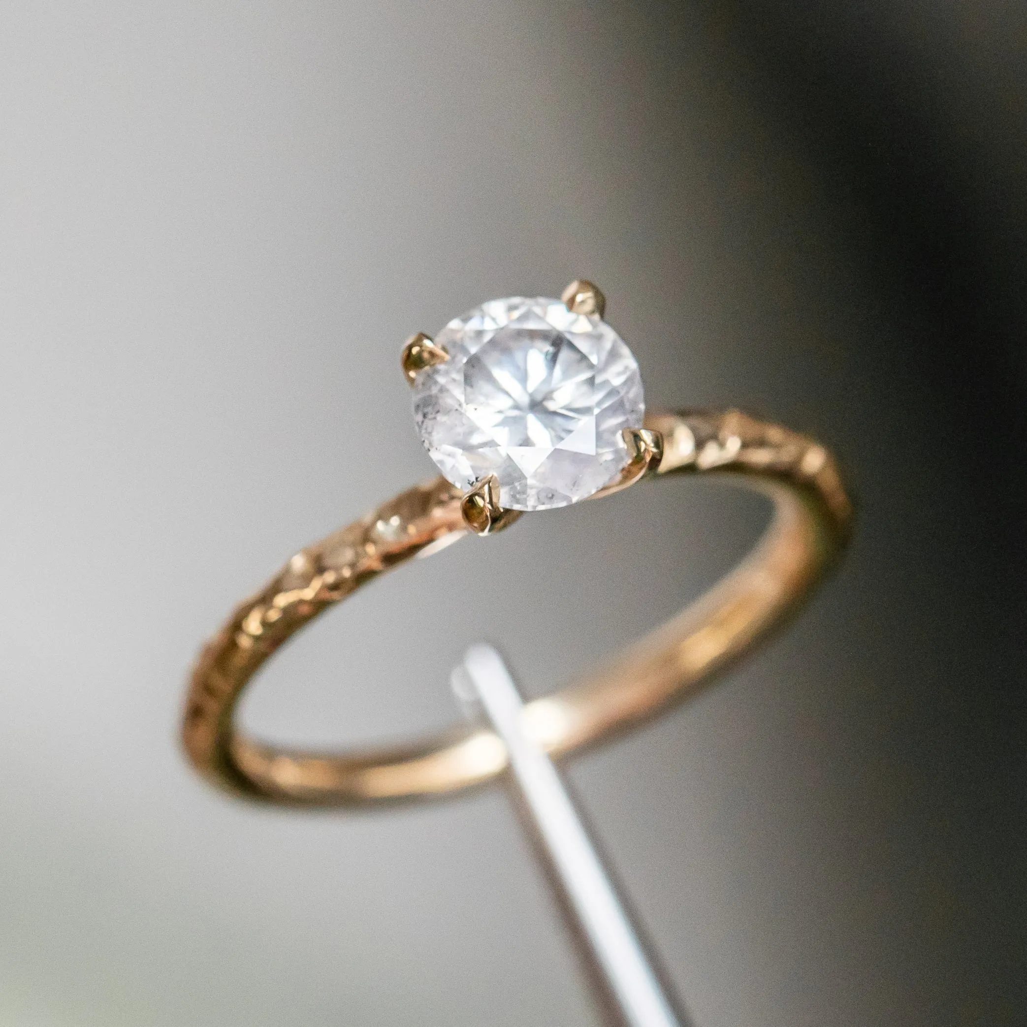 1.01ct Round Grey Diamond Evergreen Carved Solitaire Ring in 18k Yellow Gold