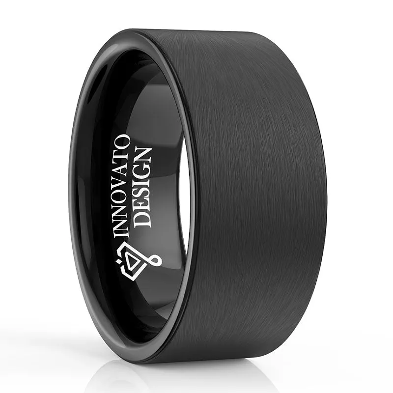 10mm Large Brushed Matte Black Outer Band and Polished Black Interior Tungsten Wedding Band