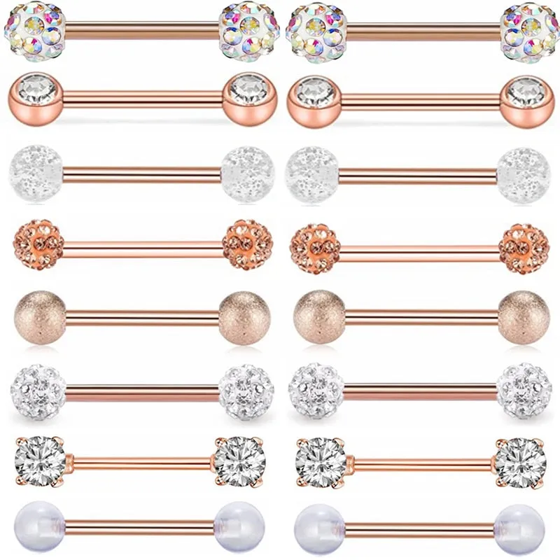 1/2PCS Glitter Tongue Piercing Ring 14G Rose Gold Crystal Nipple Piercing Bar Sexy Tongue Ring Barbell Nipple Ring Pircing Teton