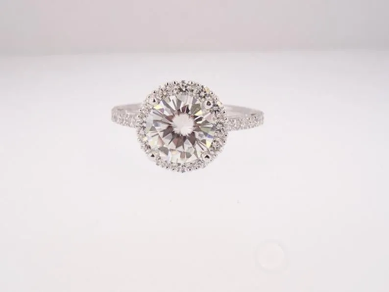 14K Gold Diamond Halo with 2.43ct Round Forever One Moissanite Engagement