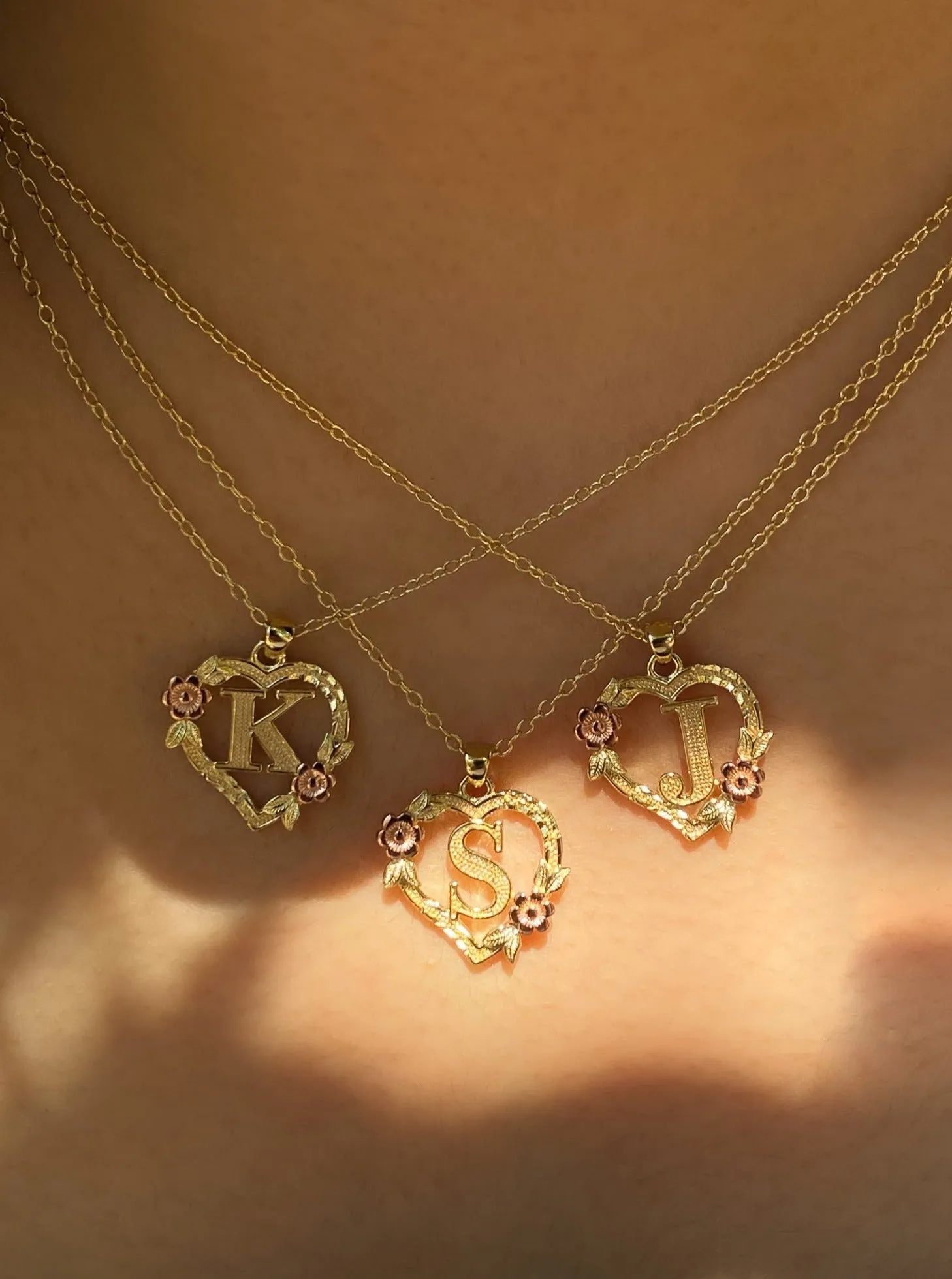 14KT Gold Over Silver Floral Heart Initial Necklace