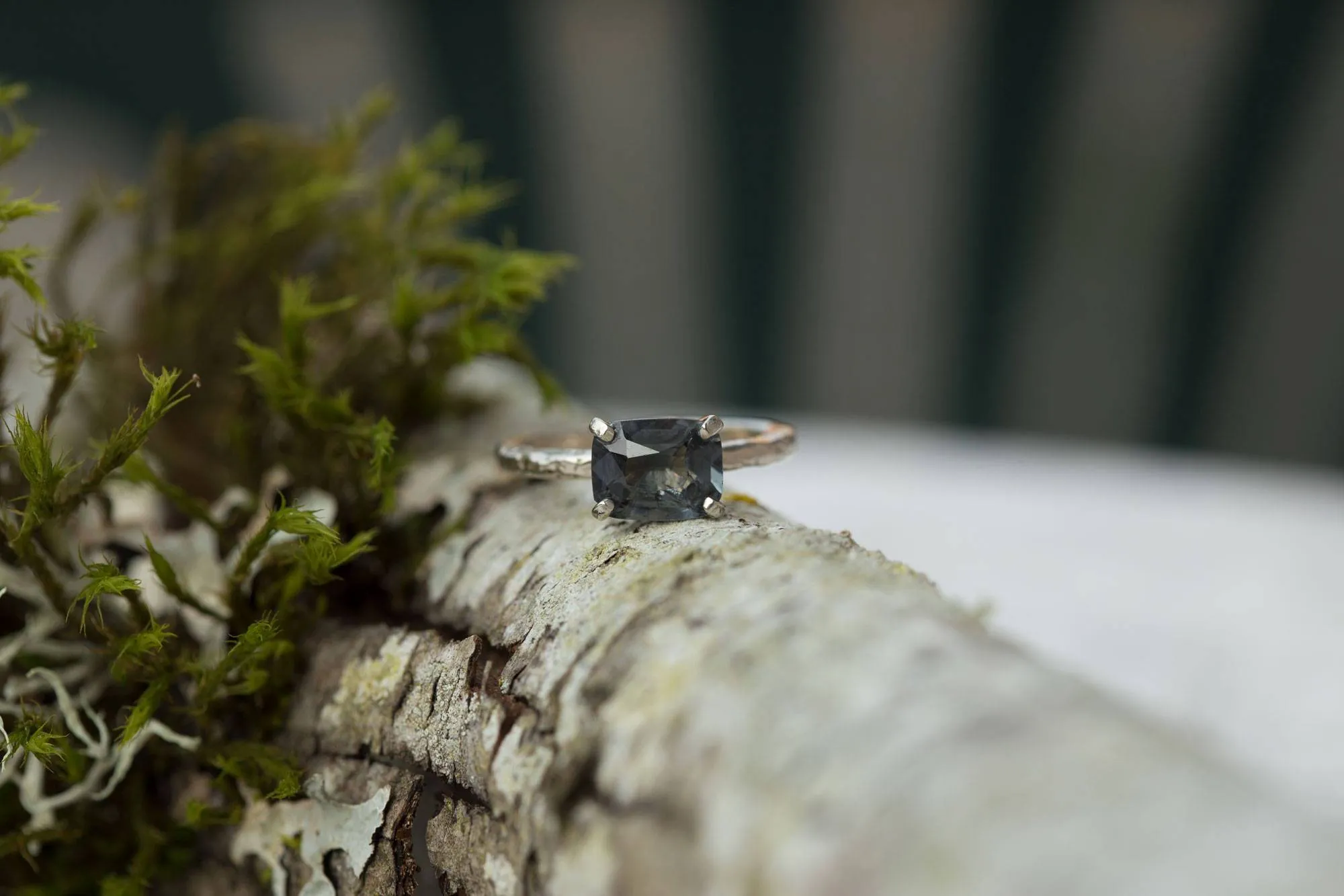 1.8ct Grey Spinel Cushion Engagement Ring - Hand Carved Ring - Gray Engagement East-West Setting in Recycled White Gold by Anueva Jewelry