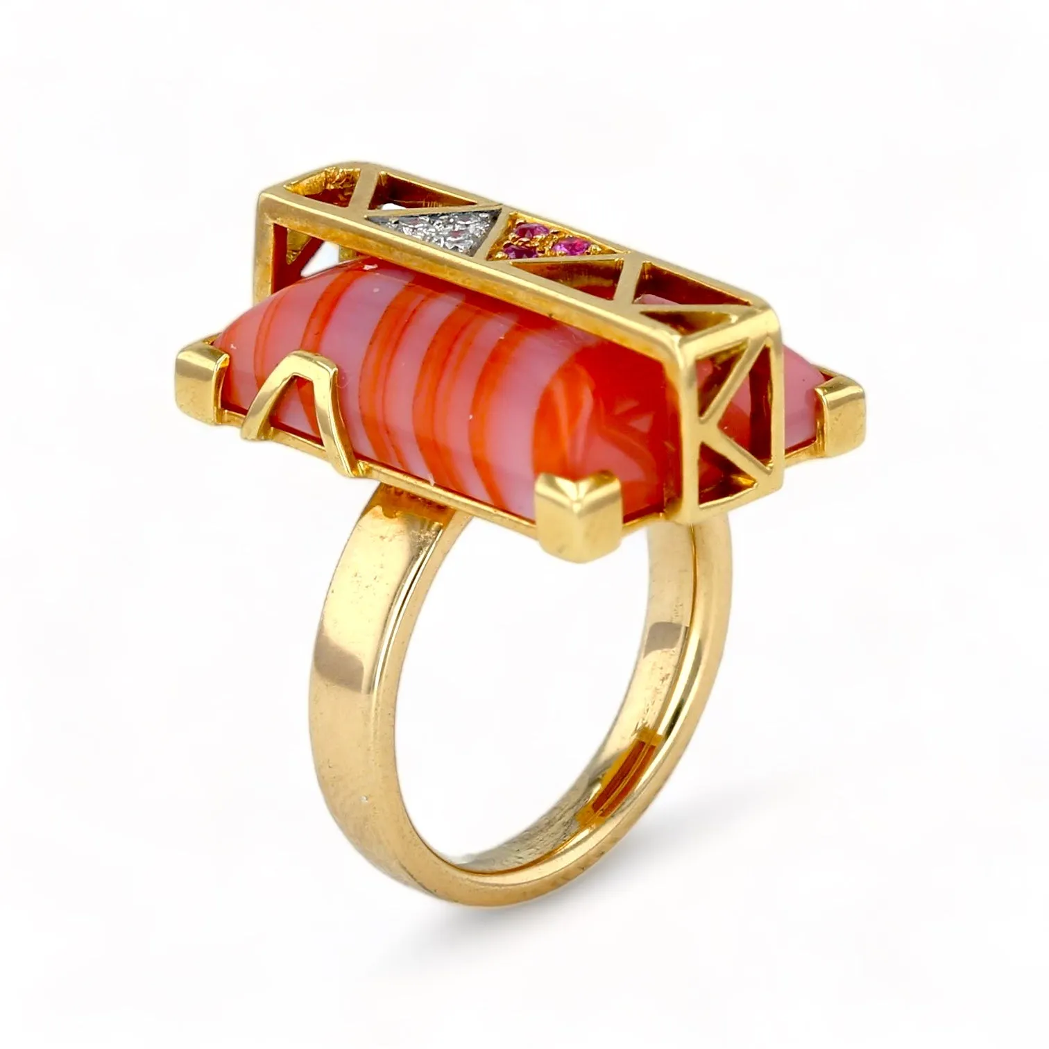 18k yellow gold Zebra peach agate deco ring diamonds and pink sapphire accent-26611