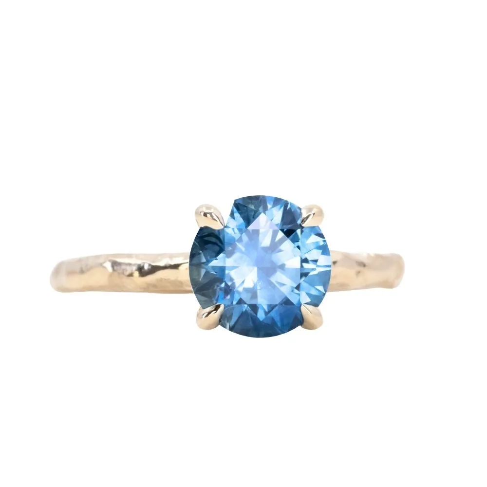 2.07ct Round Ocean Blue Montana Sapphire Evergreen Carved 4 Prong Solitaire in 14k Yellow Gold