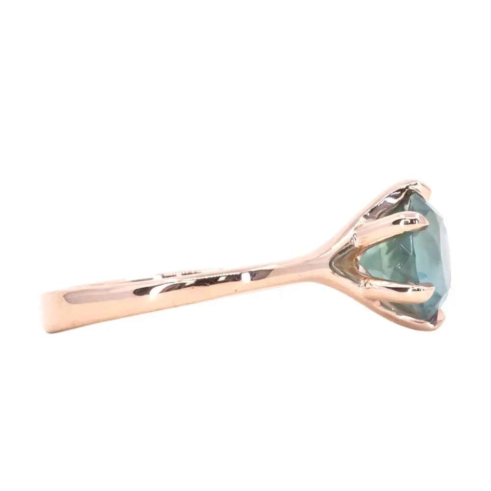 2.19ct Round Teal, Silky Montana Sapphire Six Prong Split Shank Solitaire in 14k Rose Gold