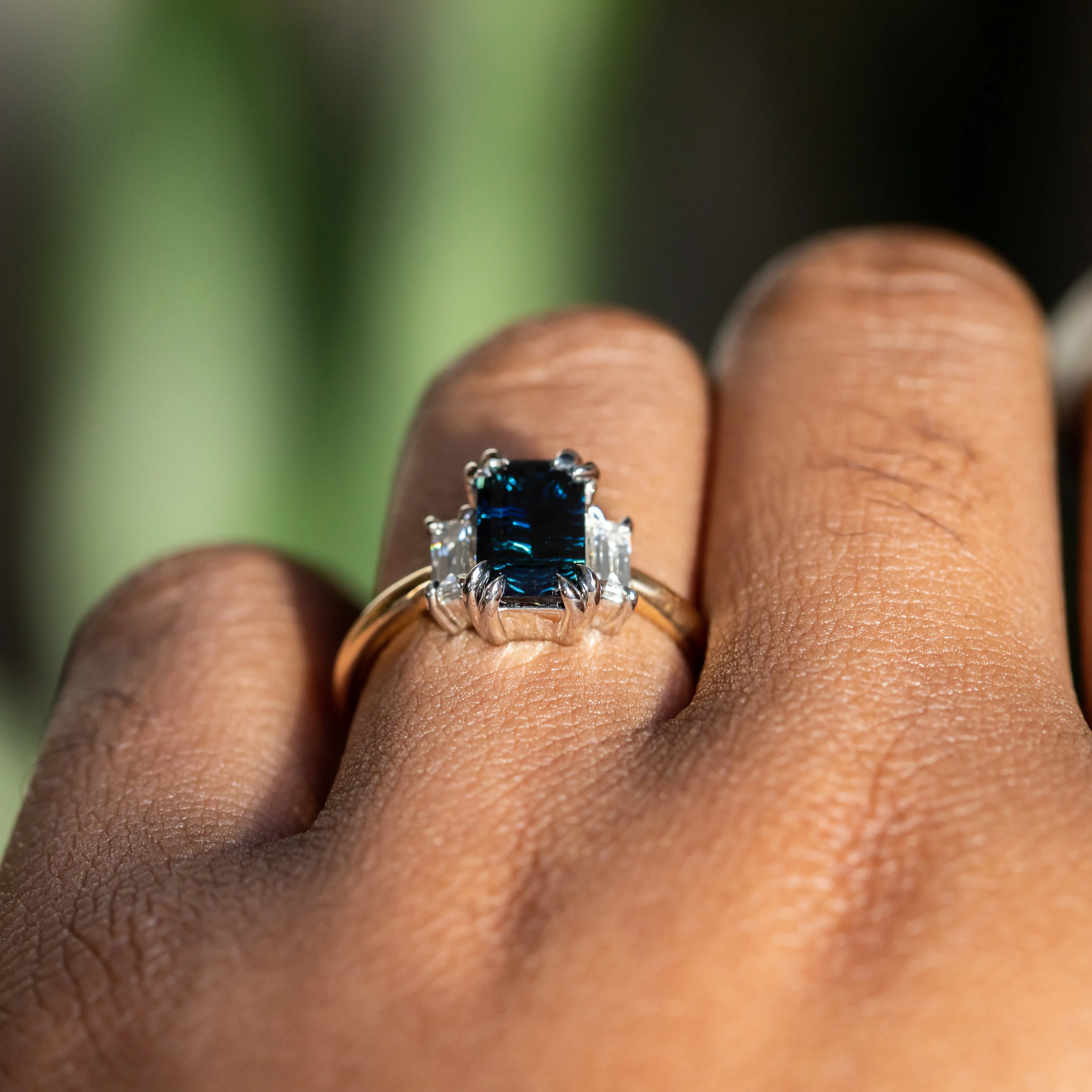 2.20ct Modified Radiant Australian Sapphire Double Prong Three Stone Ring with Baguette Diamonds in Platinum & 18k Yellow Gold