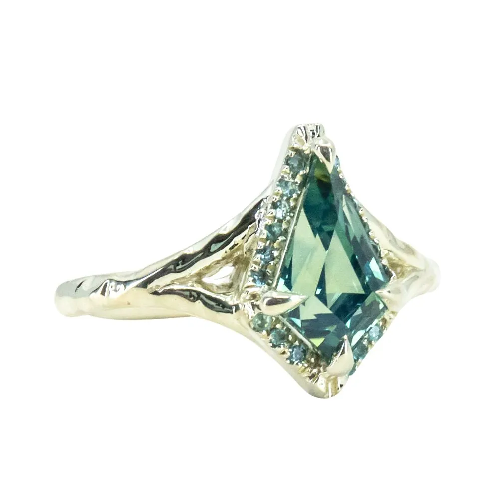 2.26ct Teal Kite Sapphire and Alexandrite Split Shank Low Profile Evergreen Halo in 14k Green Gold