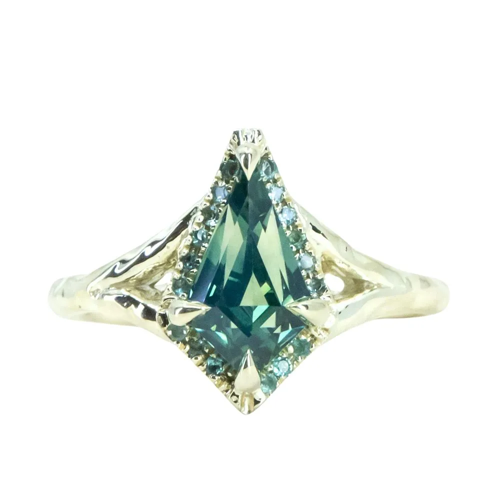 2.26ct Teal Kite Sapphire and Alexandrite Split Shank Low Profile Evergreen Halo in 14k Green Gold