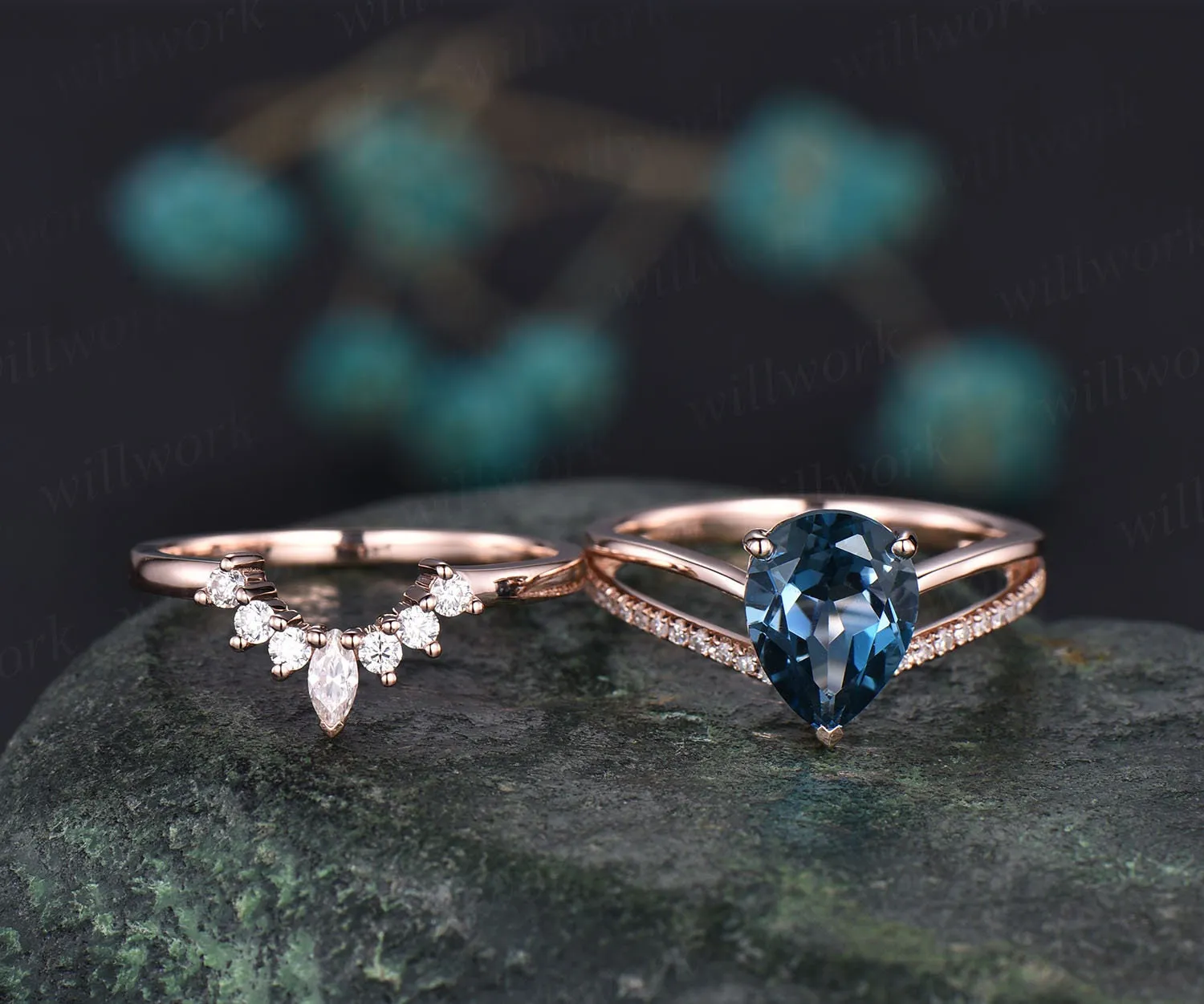 2pc diamond bridal set art deco crown moissanite ring 7x9mm pear London blue topaz engagement ring set rose gold November birthstone ring