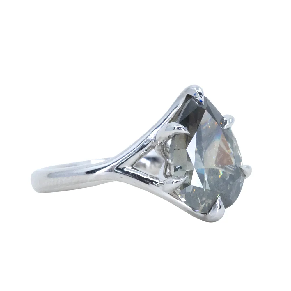 3.51ct Grey Green Pear Shaped Diamond in Low Profile Six Prong Split Shank in Recycled Platinum