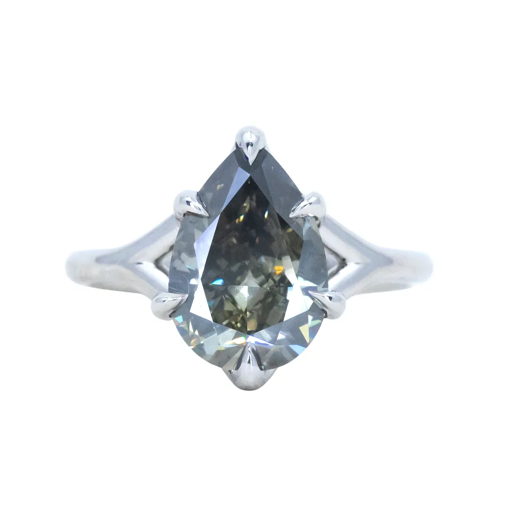 3.51ct Grey Green Pear Shaped Diamond in Low Profile Six Prong Split Shank in Recycled Platinum