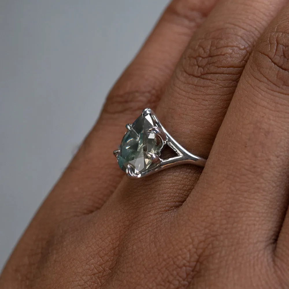 3.51ct Grey Green Pear Shaped Diamond in Low Profile Six Prong Split Shank in Recycled Platinum