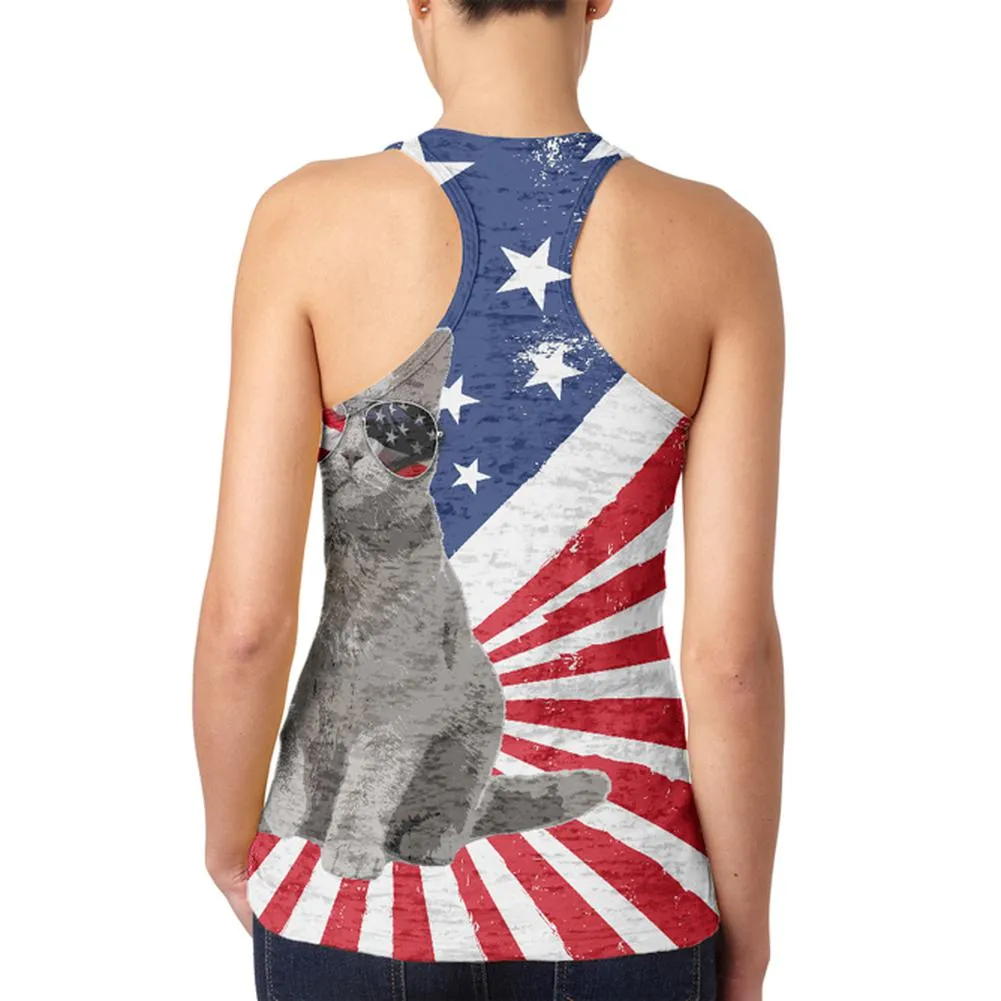 4th Of July Meowica America Patriot Cat Juniors Burnout Racerback Tank Top