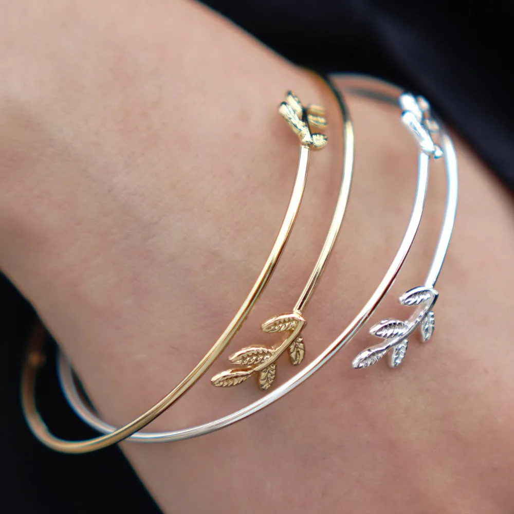 60mm Adjustable open Brass leaf bracelet nature bangle minimalist bracelet  Wedding Bridesmaid Gift plated silver 1pcs