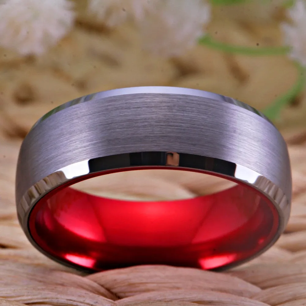 8mm Classic Matte Silver and Red-Plated Tungsten Wedding Ring