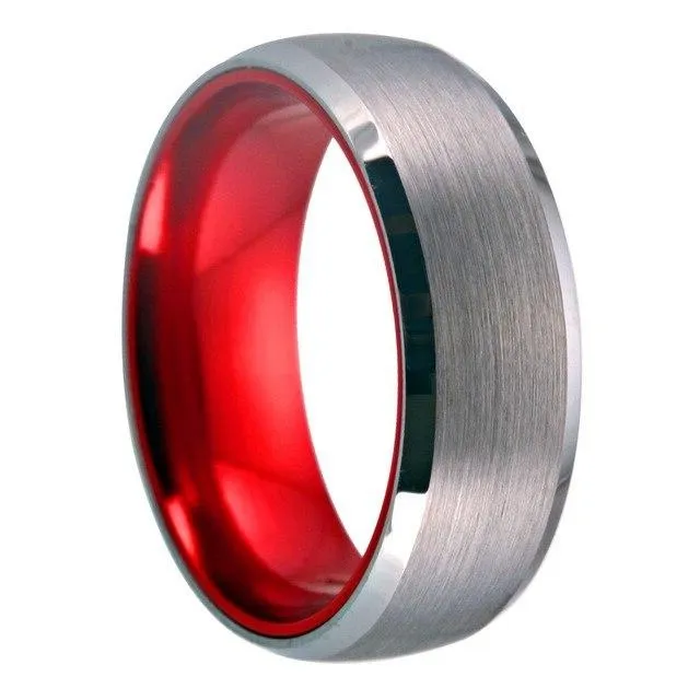 8mm Classic Matte Silver and Red-Plated Tungsten Wedding Ring