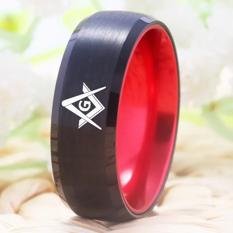 8mm Masonic Red and Black-Plated Tungsten Wedding Ring