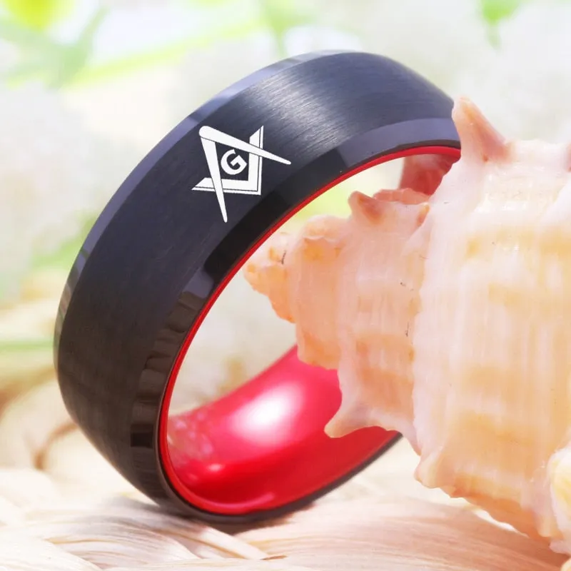 8mm Masonic Red and Black-Plated Tungsten Wedding Ring