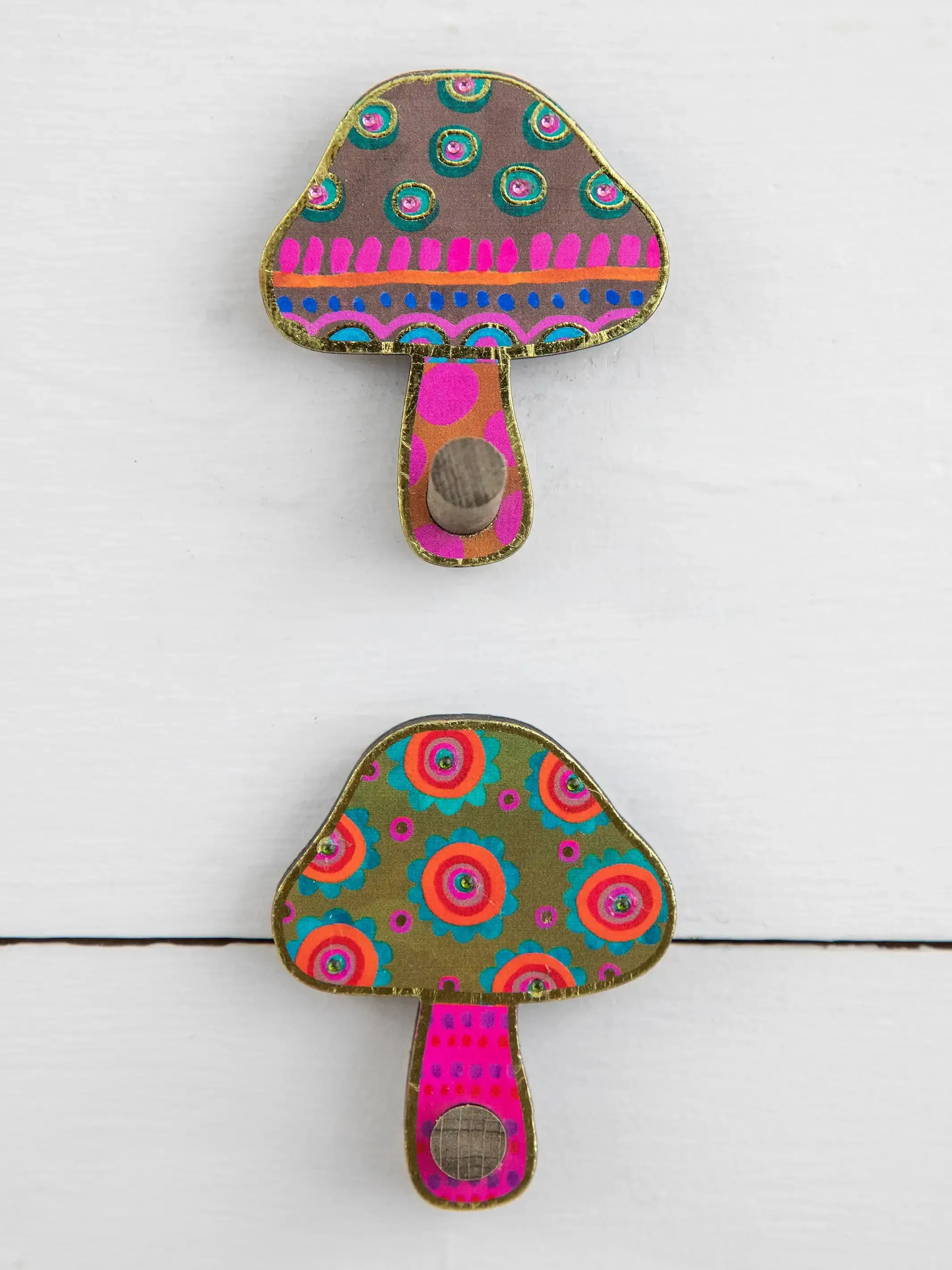 Adhesive Wooden Wall Hooks, Set of 2 - Mushroom