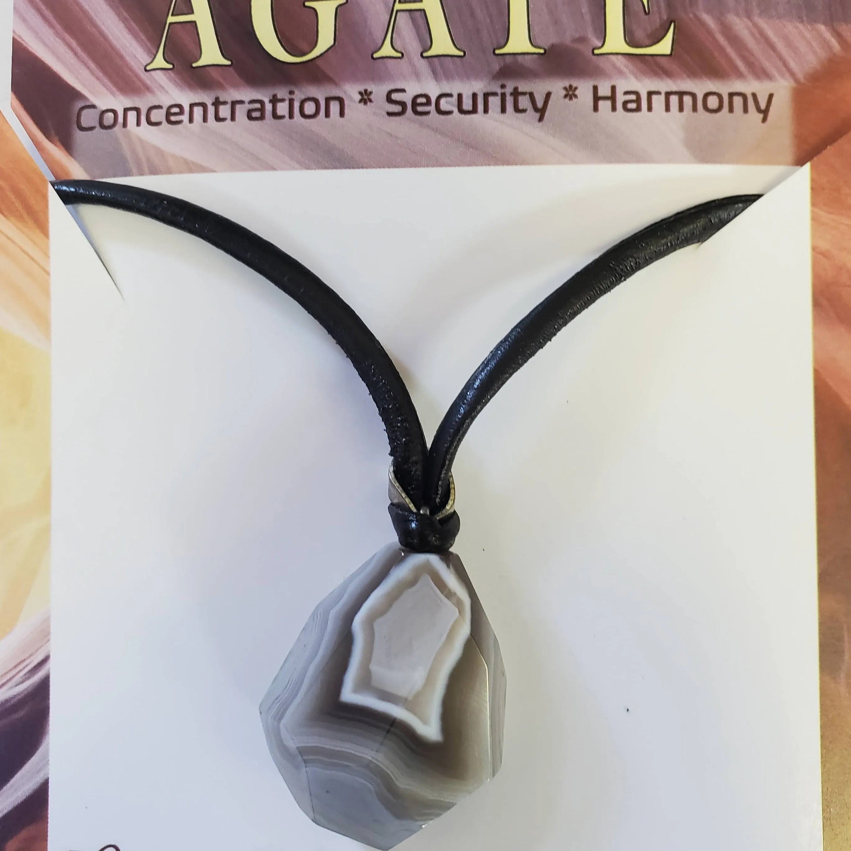 Agate pendant Necklace on Black leather Cord-Unisex