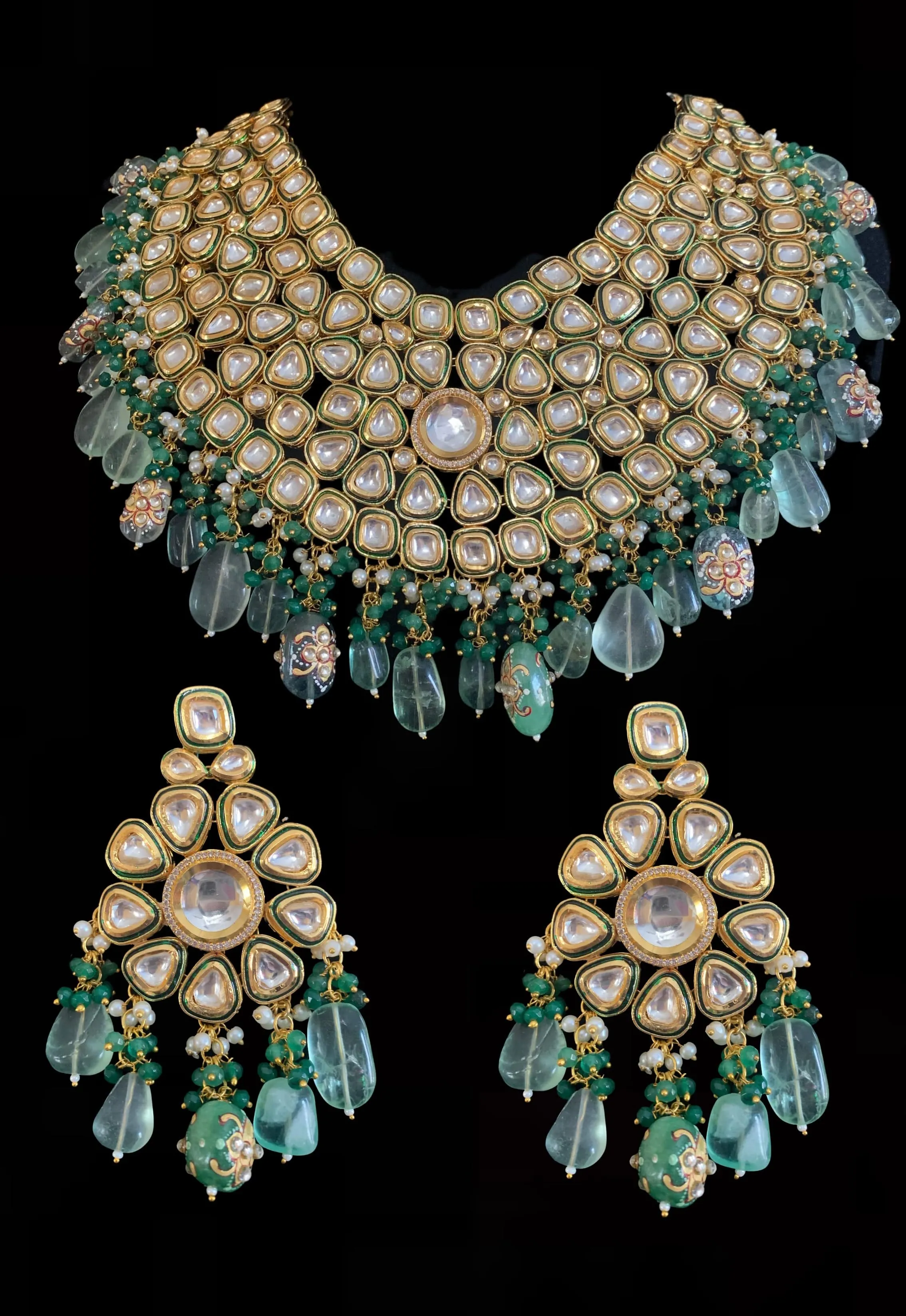 Amoli Kundan bridal set in green fluorite beads ( SHIPS IN 4 WEEKS  )