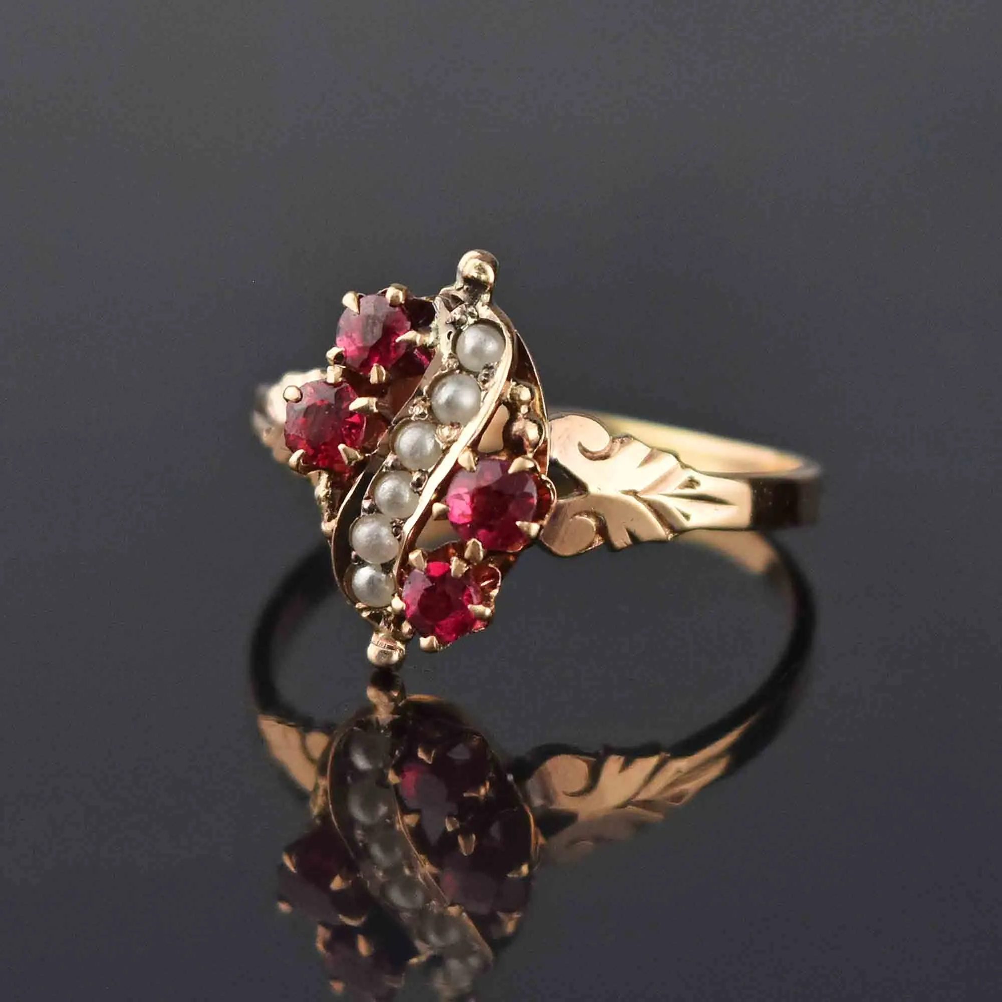 Antique Victorian Pearl and Ruby Ring in Gold, Sz 6.75