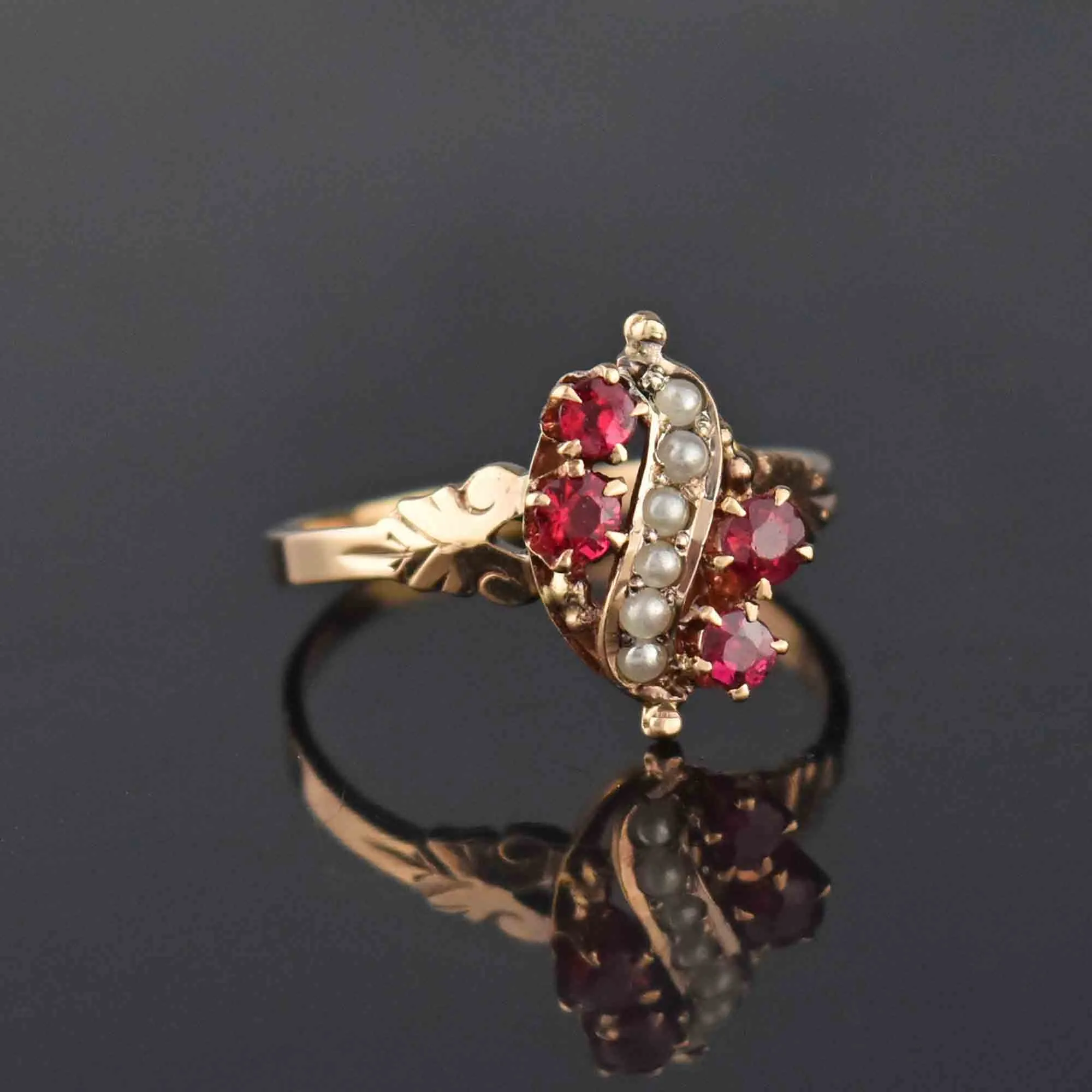 Antique Victorian Pearl and Ruby Ring in Gold, Sz 6.75