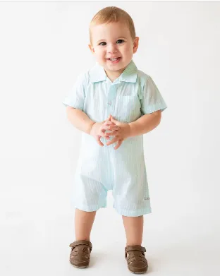 Aqua Gingham Button Up Collared Romper by Ruffle Butts