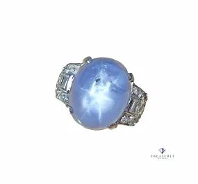 Art Deco GIA 26.5ct Natural No-Heat Star Blue Sapphire Platinum Diamond Ring