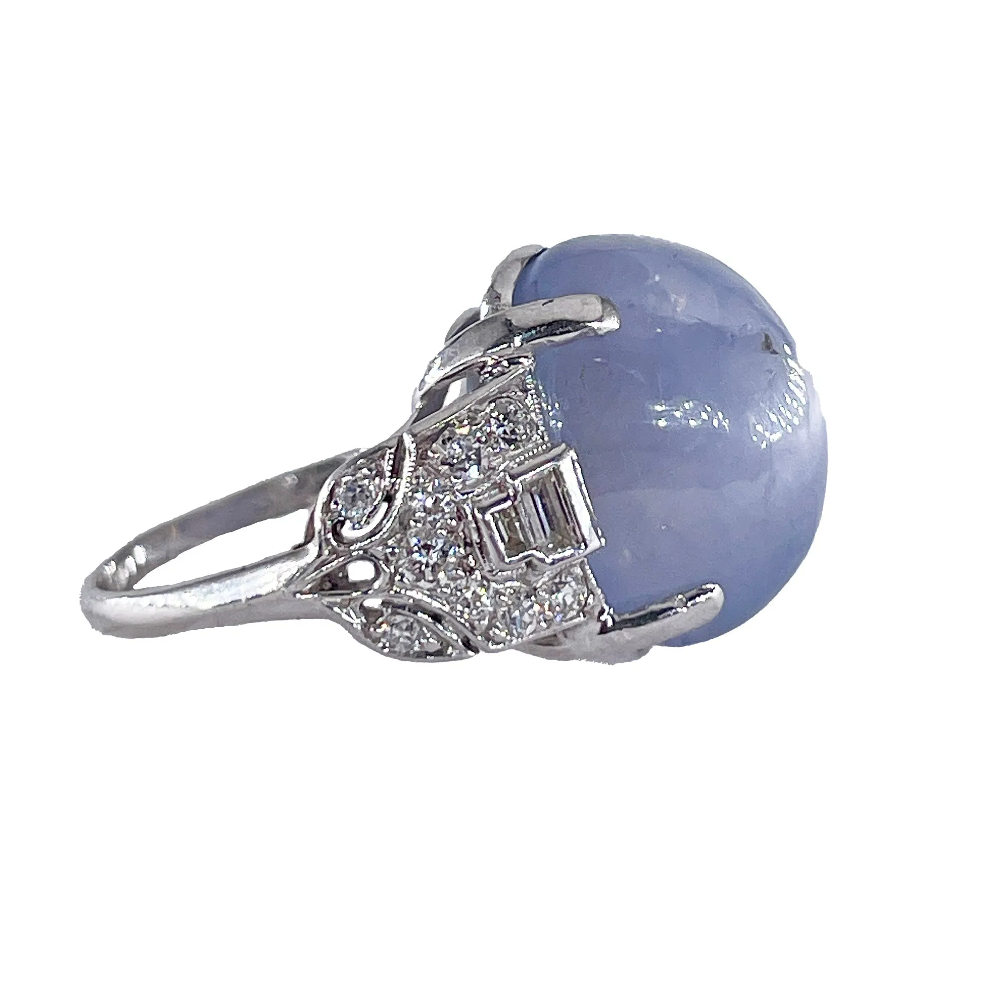 Art Deco GIA 26.5ct Natural No-Heat Star Blue Sapphire Platinum Diamond Ring