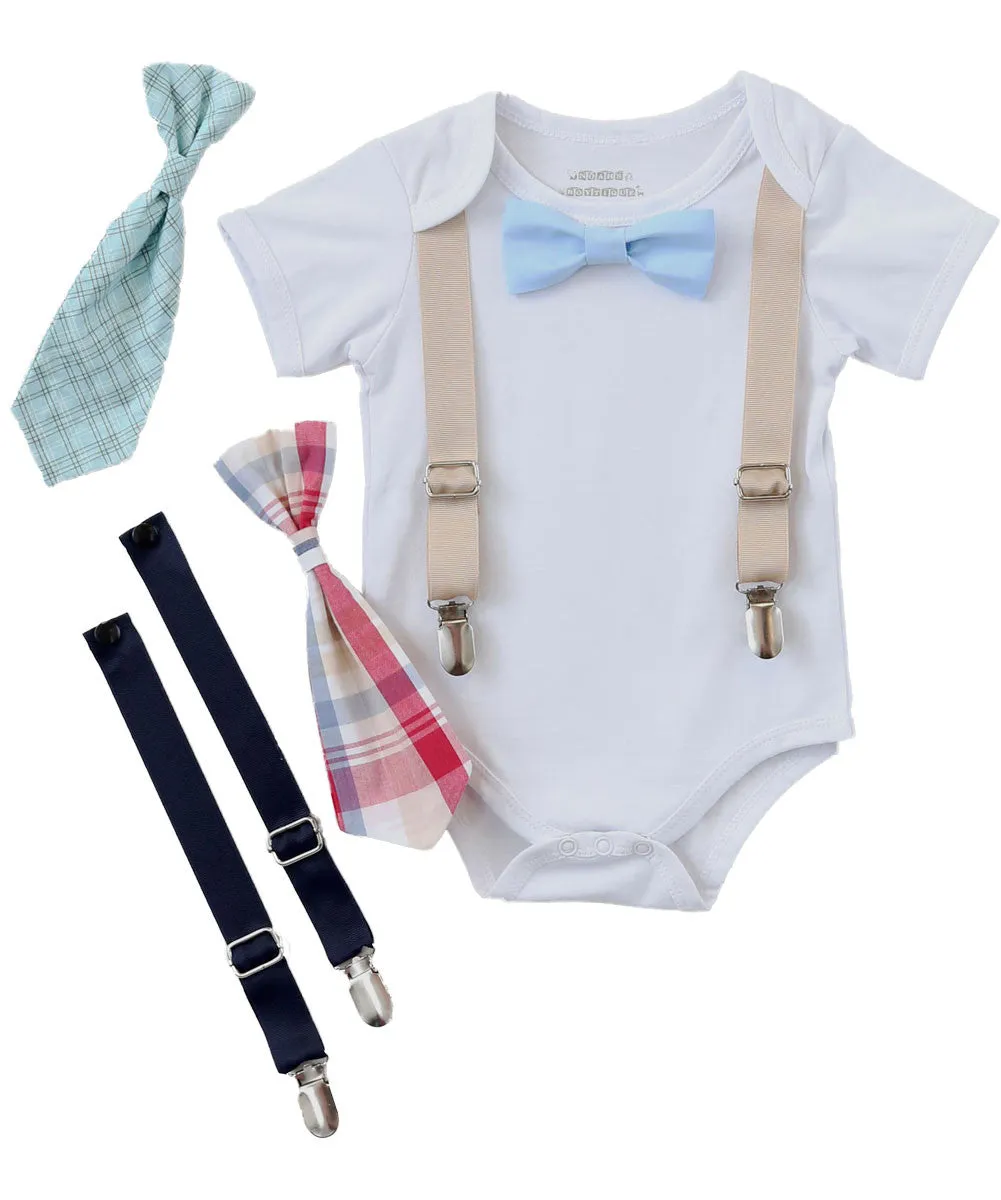 Baby Boy Gift - New Baby Present - Newborn Baby Boy - Cute Outfits for Boys - Ties and Suspenders - Baby Bow Ties - Gift Set - Baby Clothes