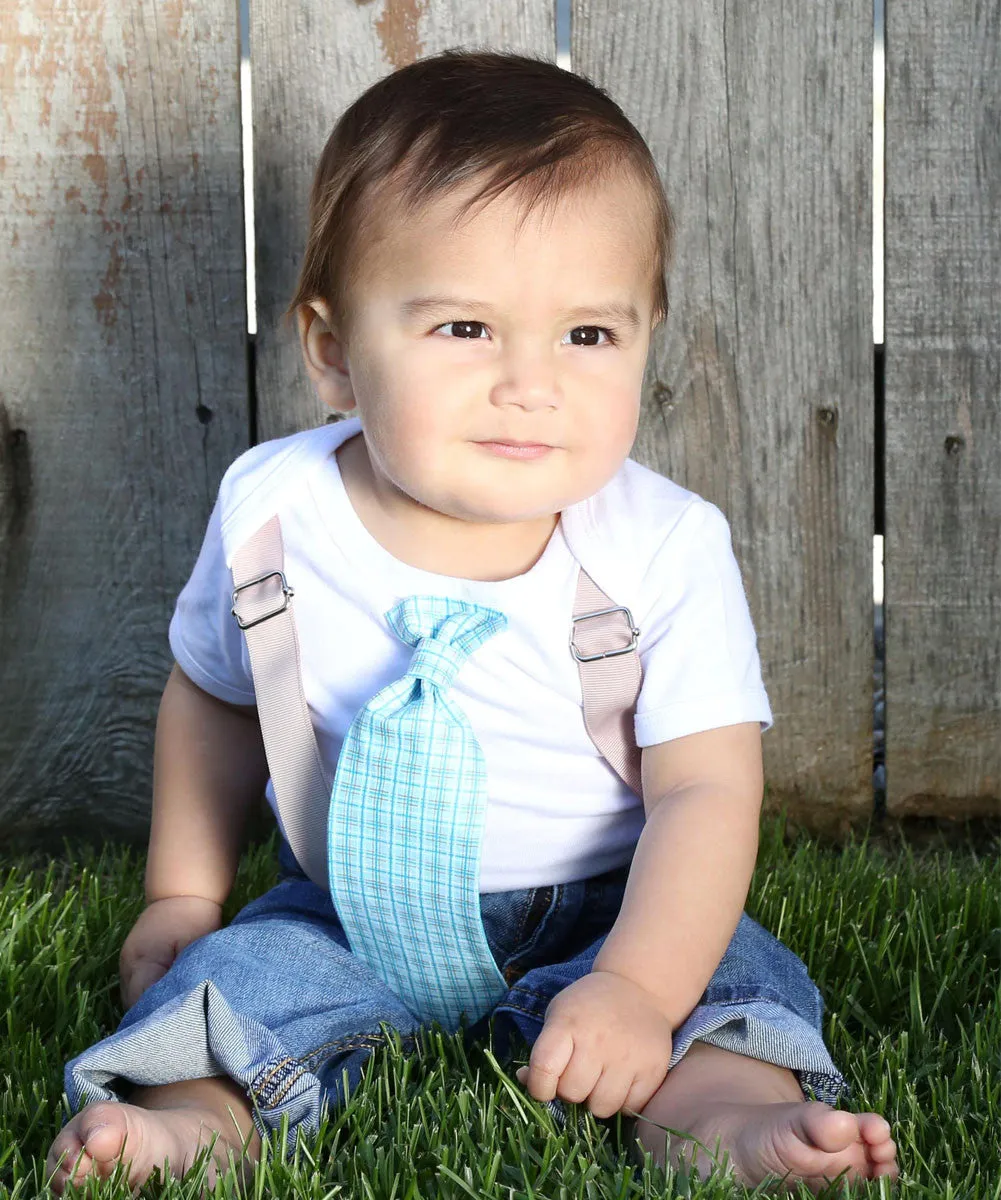 Baby Boy Suspender Outfit - Light Blue Plaid Tie - Tan Suspenders - Baby Boy Clothes - Toddler - Tie Outfit - Baby Ties - Spring - Wedding - Noah's Boytique