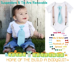 Baby Boy Suspender Outfit - Light Blue Plaid Tie - Tan Suspenders - Baby Boy Clothes - Toddler - Tie Outfit - Baby Ties - Spring - Wedding - Noah's Boytique