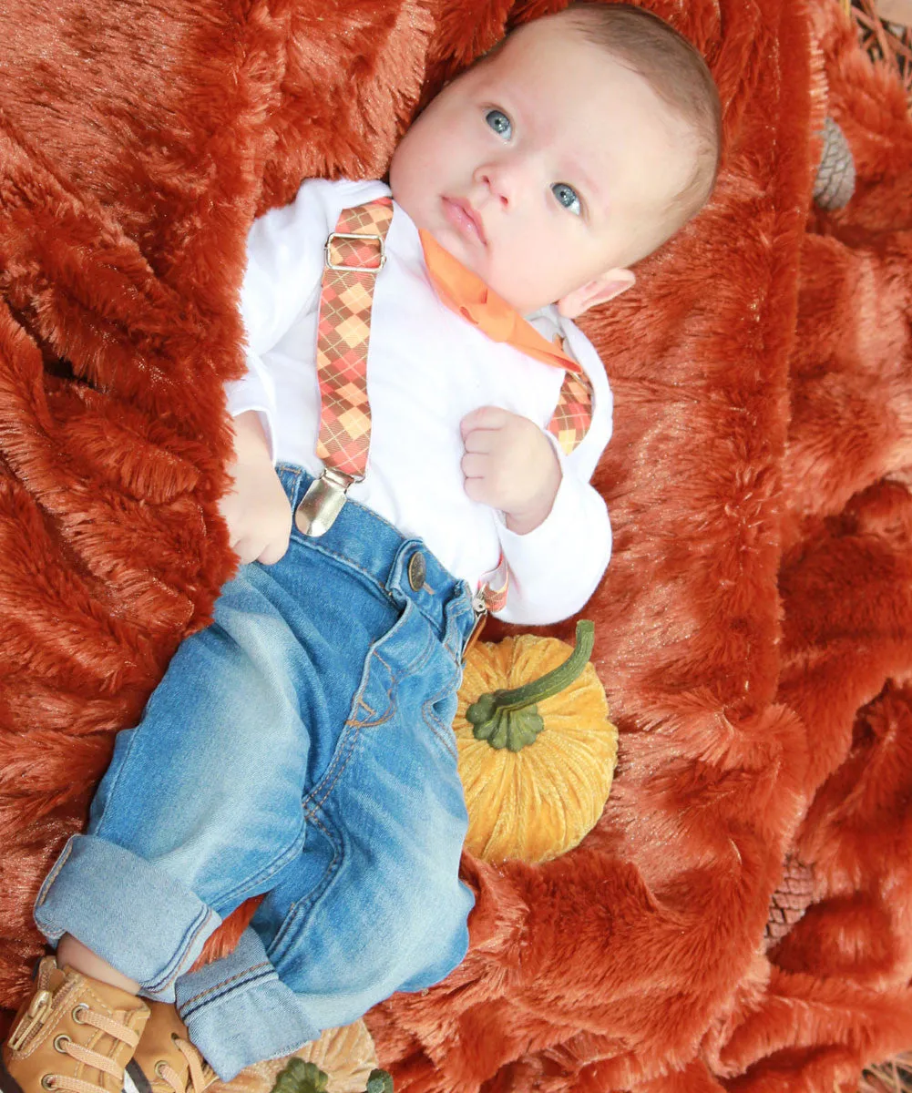 Baby Boy Thanksgiving Outfit Argyle Suspenders Orange Tan Bow Tie