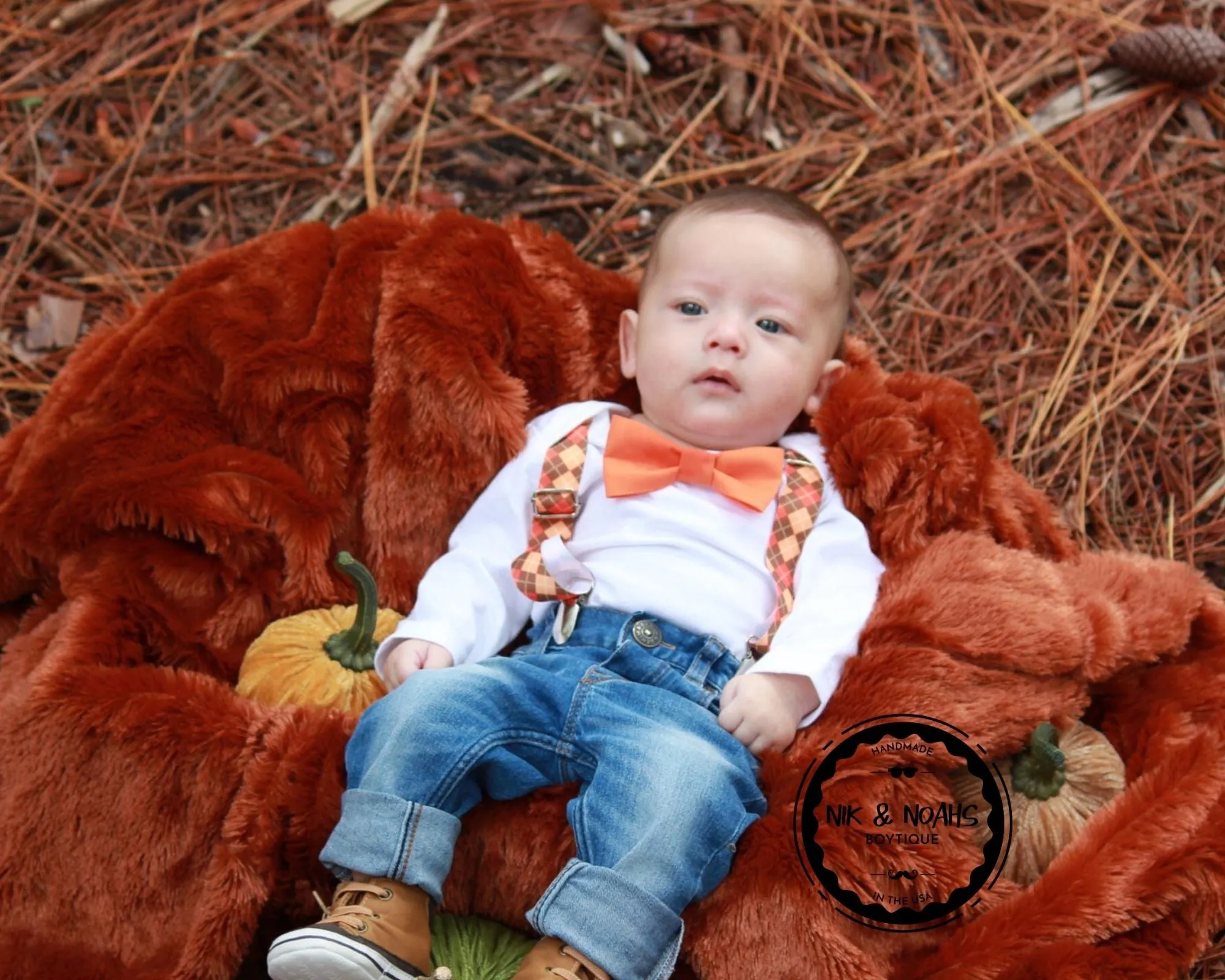 Baby Boy Thanksgiving Outfit Argyle Suspenders Orange Tan Bow Tie