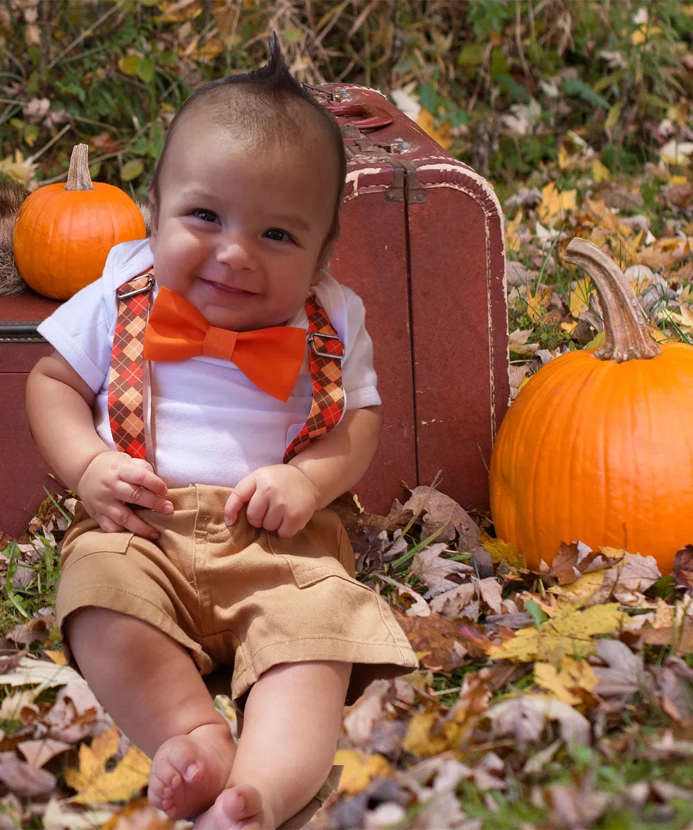 Baby Boy Thanksgiving Outfit Argyle Suspenders Orange Tan Bow Tie