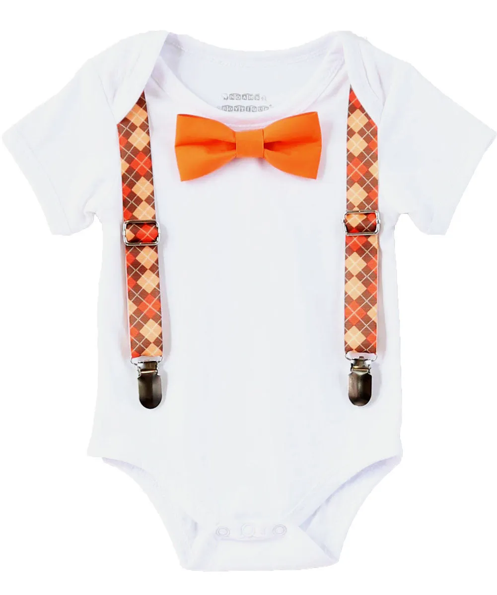 Baby Boy Thanksgiving Outfit Argyle Suspenders Orange Tan Bow Tie