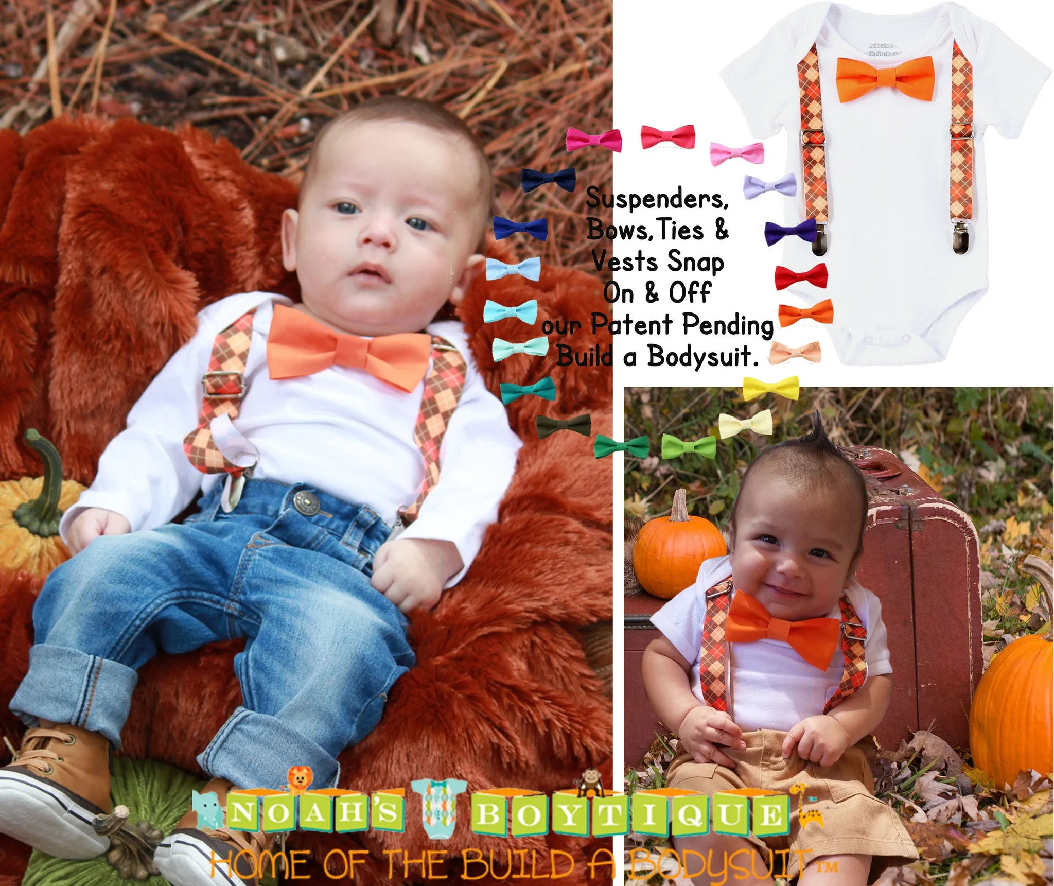 Baby Boy Thanksgiving Outfit Argyle Suspenders Orange Tan Bow Tie