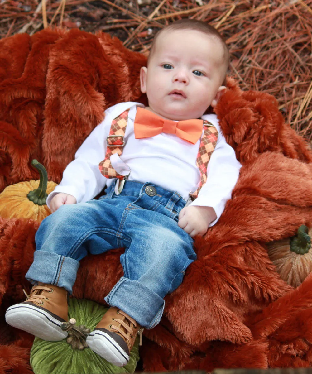 Baby Boy Thanksgiving Outfit Argyle Suspenders Orange Tan Bow Tie