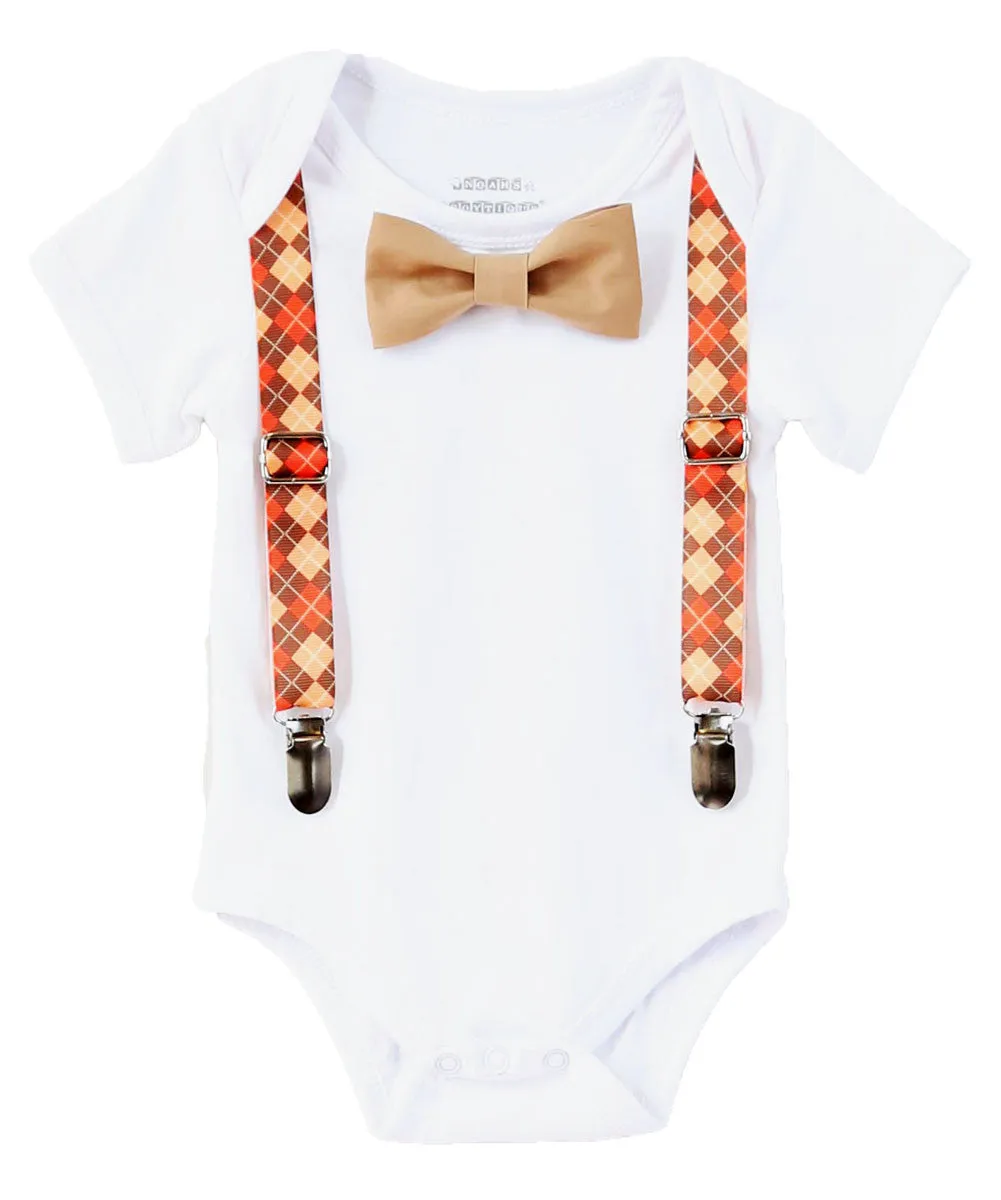 Baby Boy Thanksgiving Outfit Argyle Suspenders Orange Tan Bow Tie