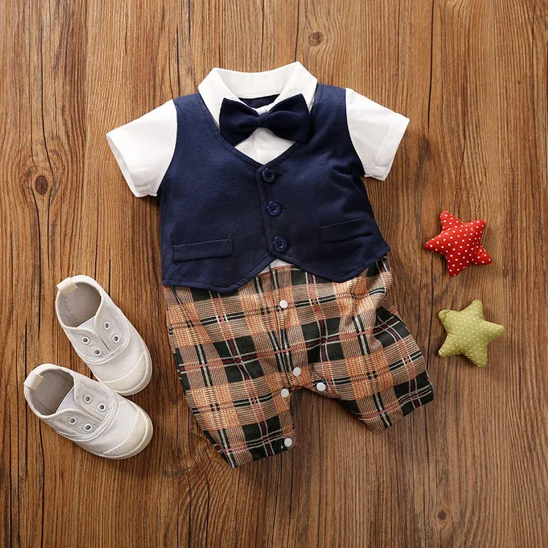 Baby Boys Gentleman Short Sleeve Plaid Jumpsuit