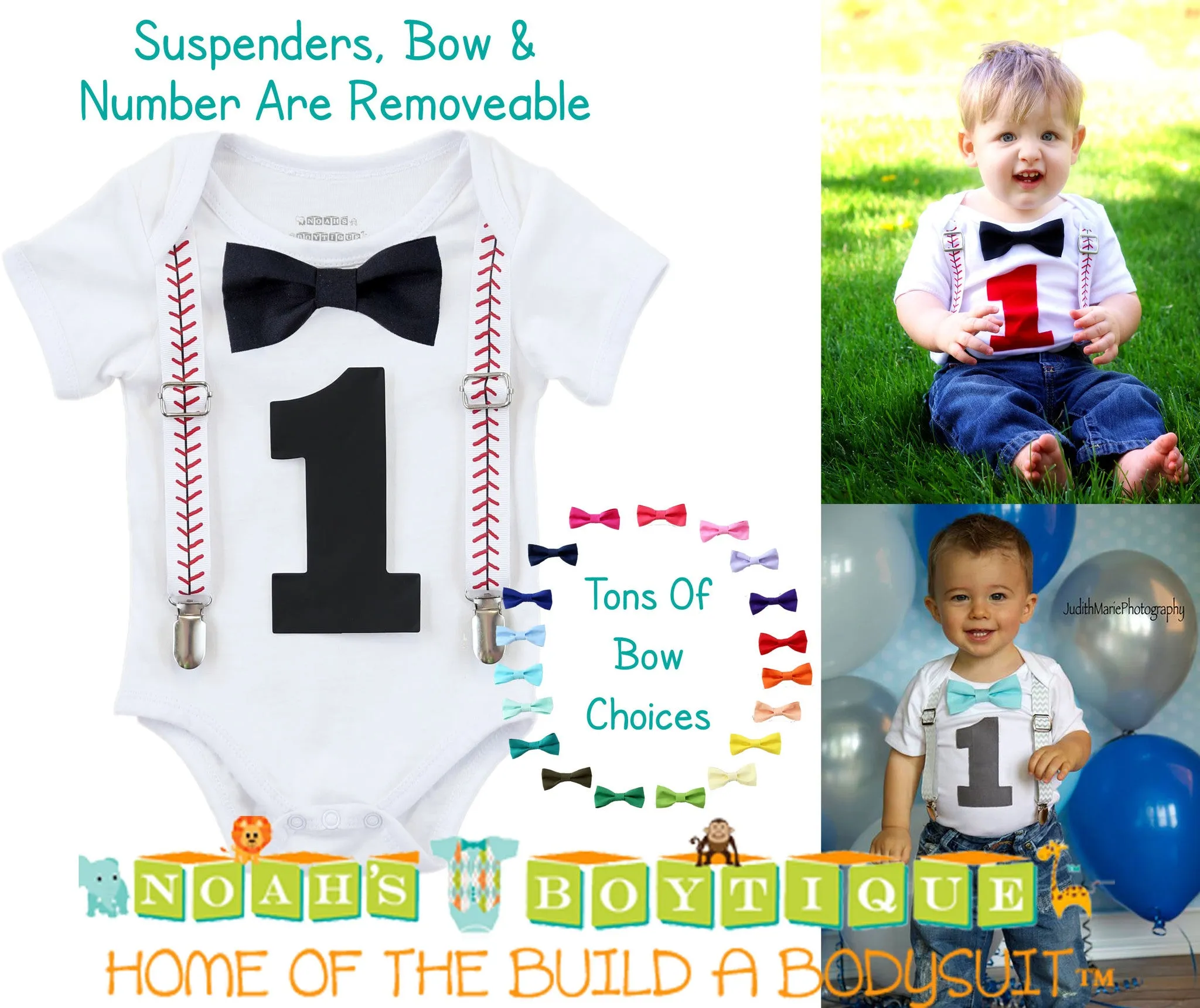 Baseball Stitch Noah's Boytique Bodysuit Suspenders - Snap on Suspenders