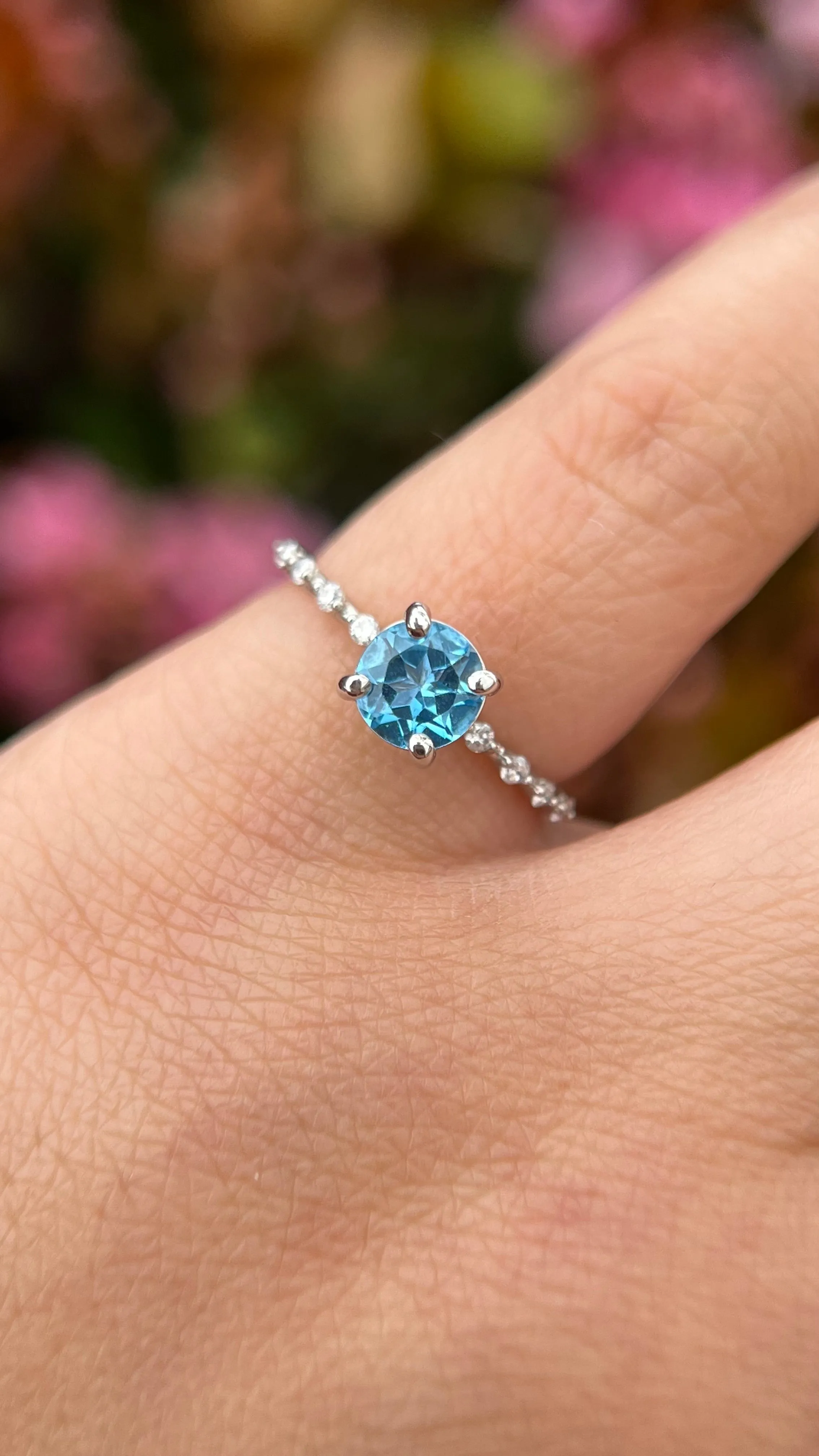 Bella 6mm 0.75ct Round Blue Topaz Spaced Diamond Ring 14K Gold DFR034