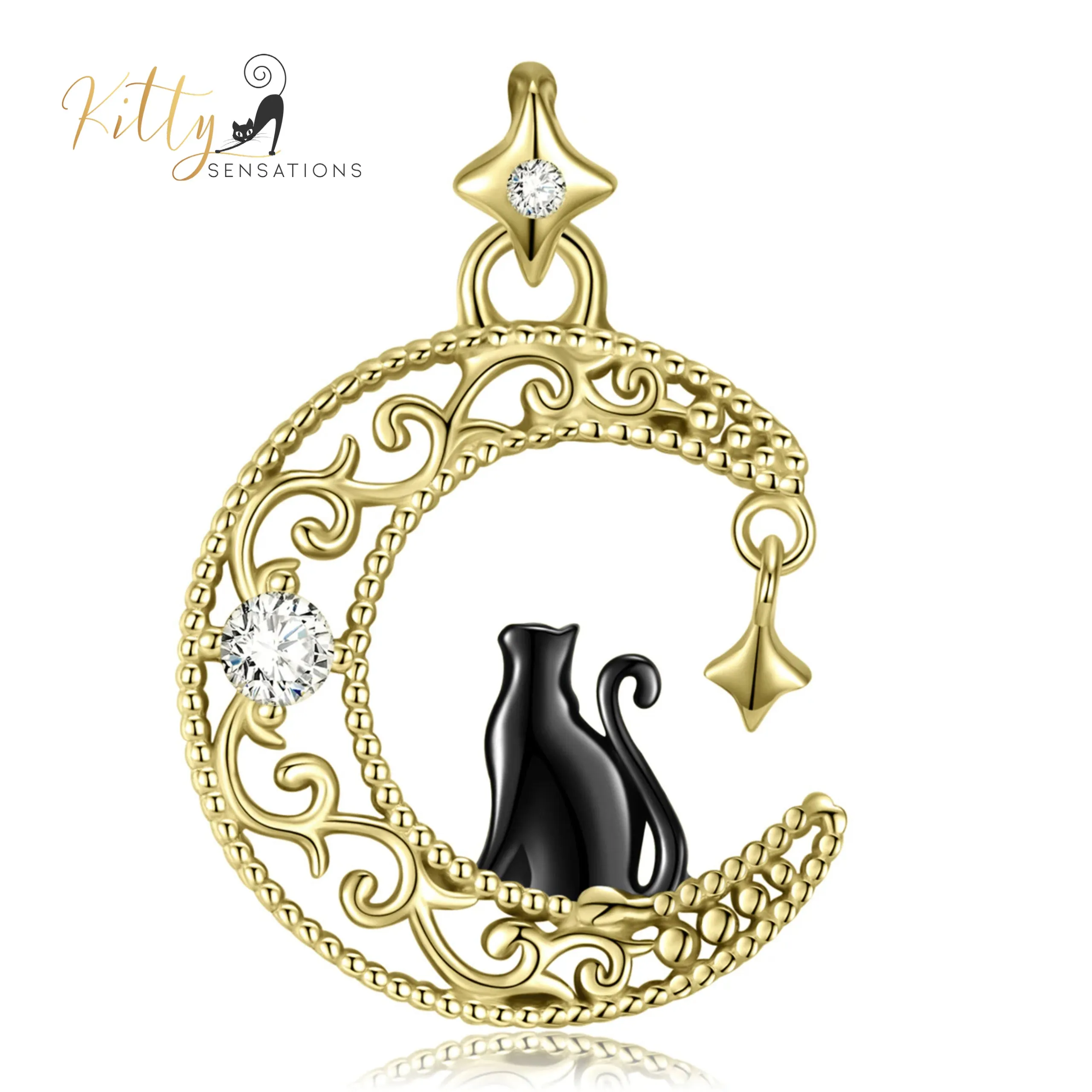 Black & Gold Moon Kitty Necklace in Solid 925 Sterling Silver