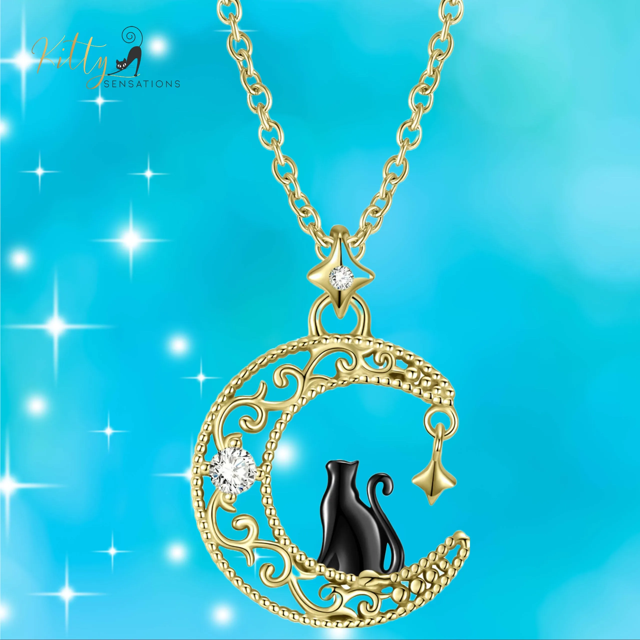 Black & Gold Moon Kitty Necklace in Solid 925 Sterling Silver