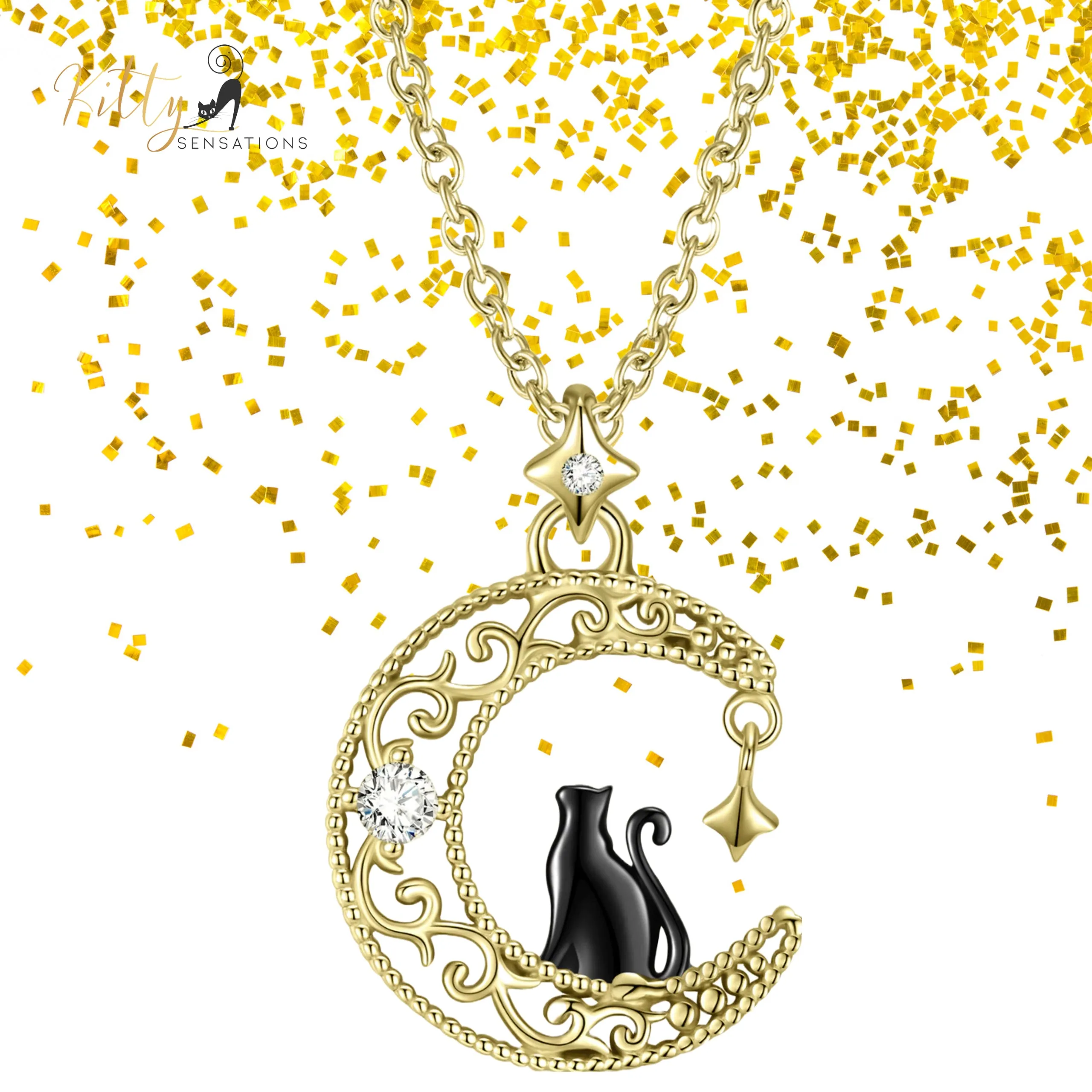 Black & Gold Moon Kitty Necklace in Solid 925 Sterling Silver