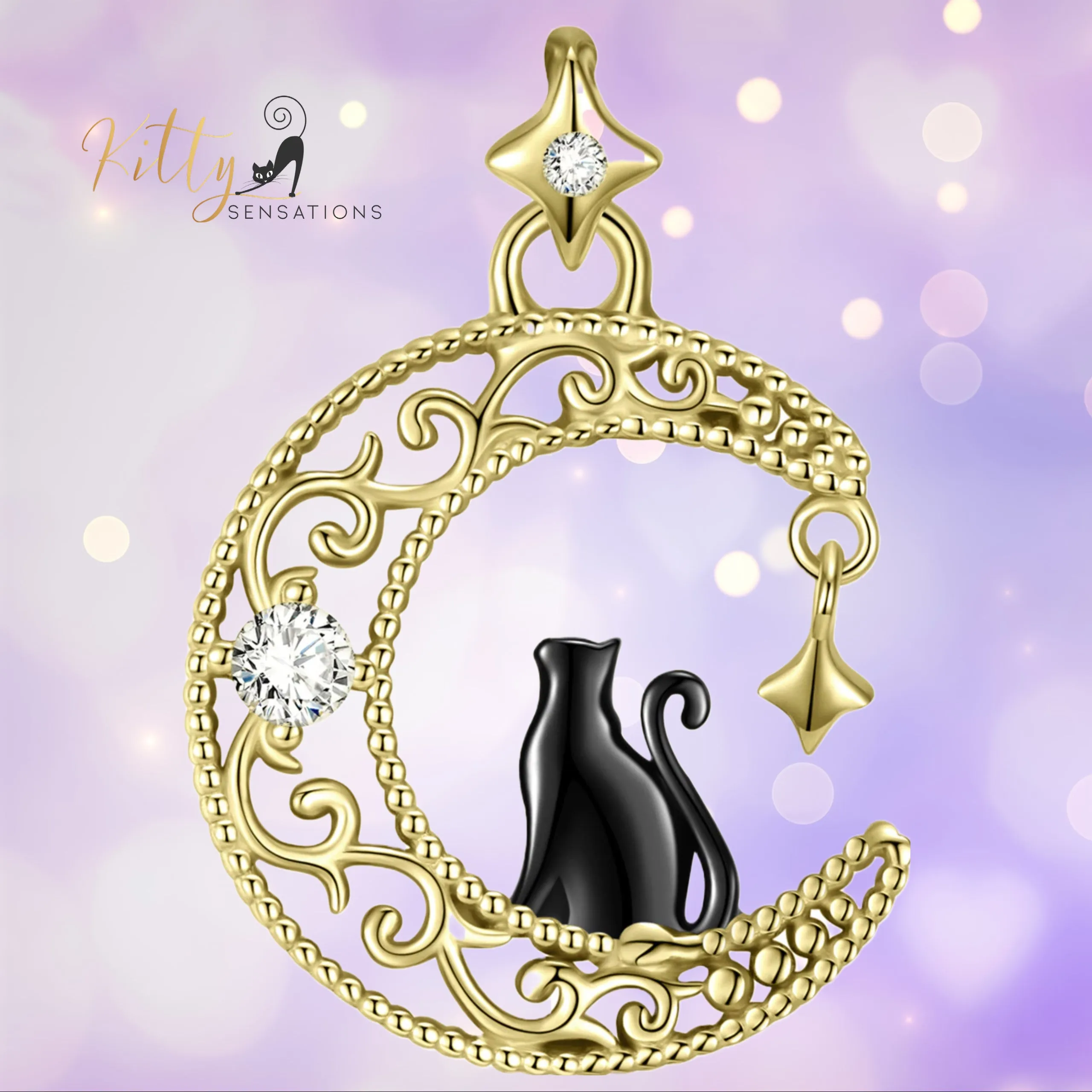 Black & Gold Moon Kitty Necklace in Solid 925 Sterling Silver